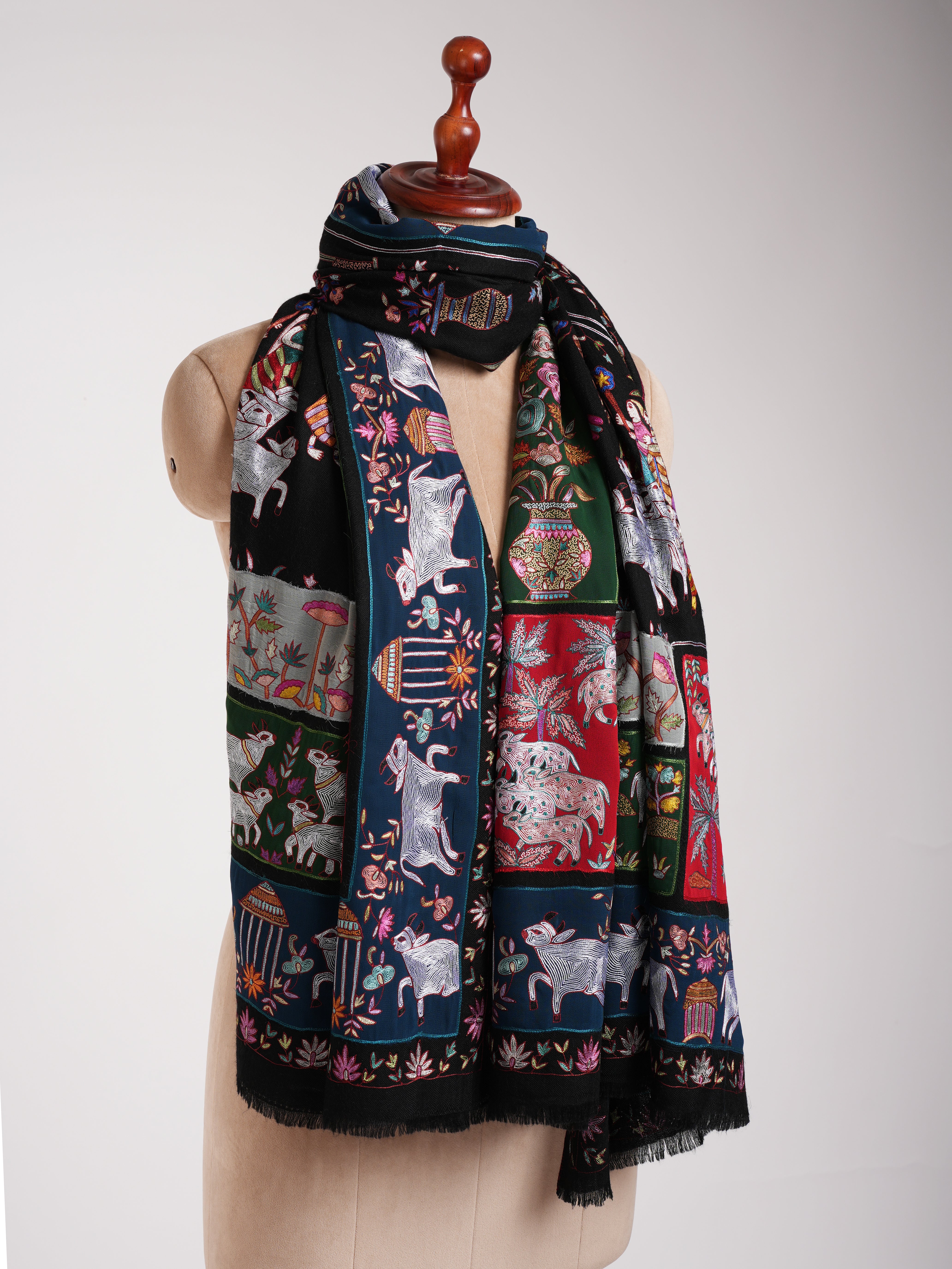 Black Indian Pashmina Shawl with Art Silk Embroidery