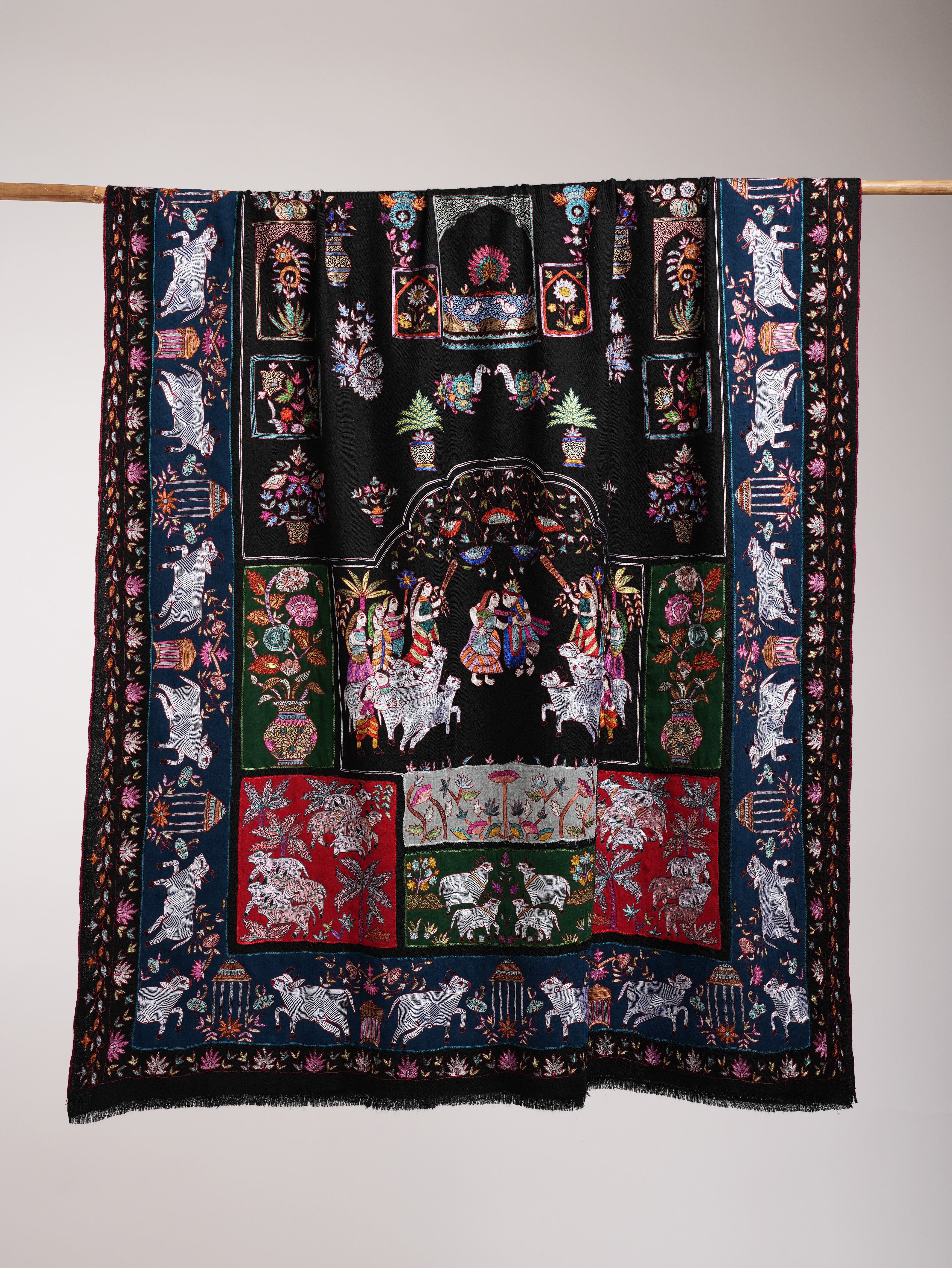 Black Indian Pashmina Shawl with Art Silk Embroidery