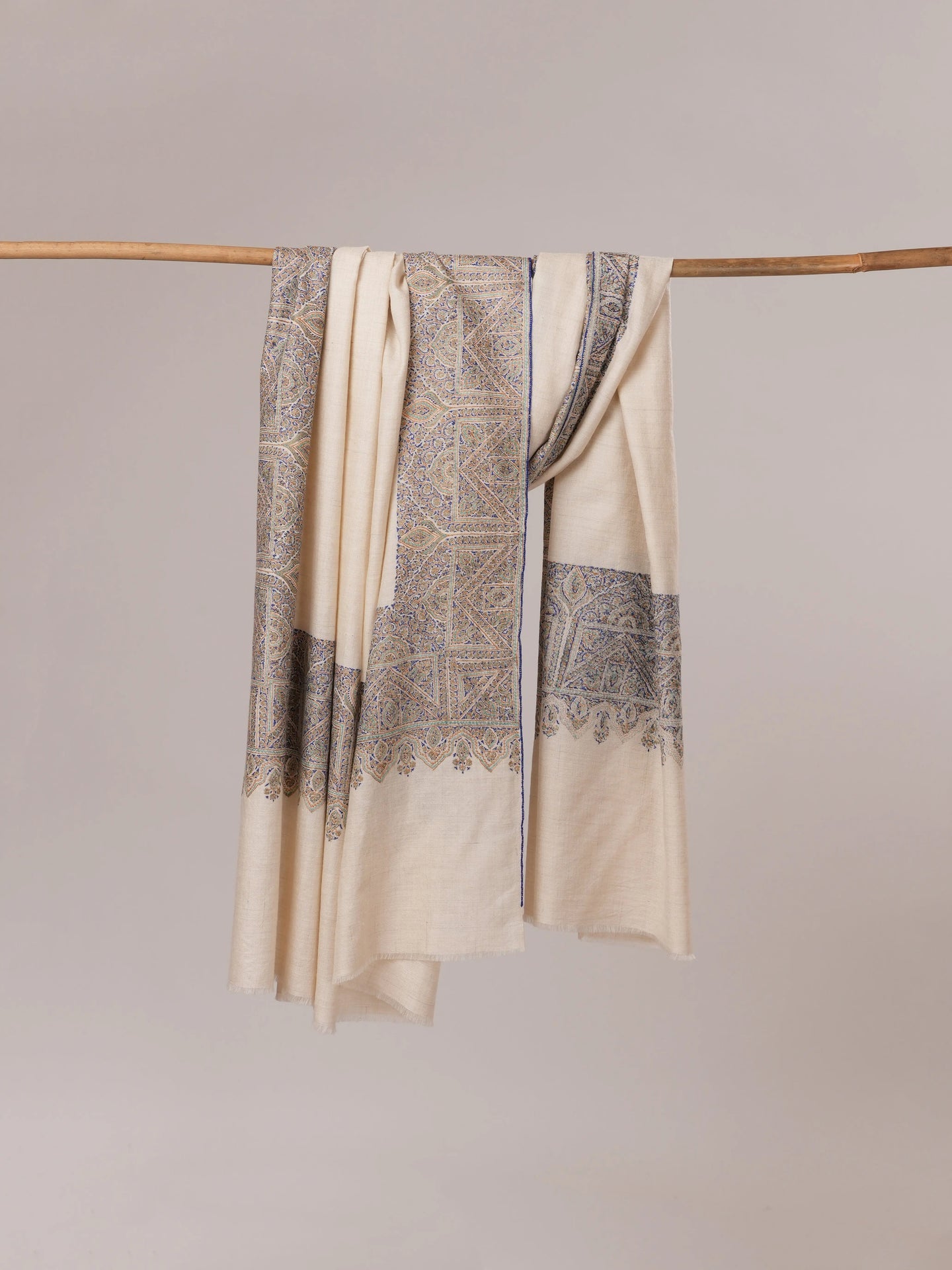 Ivory Kalandaur Pure Pashmina Shawl with Detailed Hand Embroidery Shahkaar.com