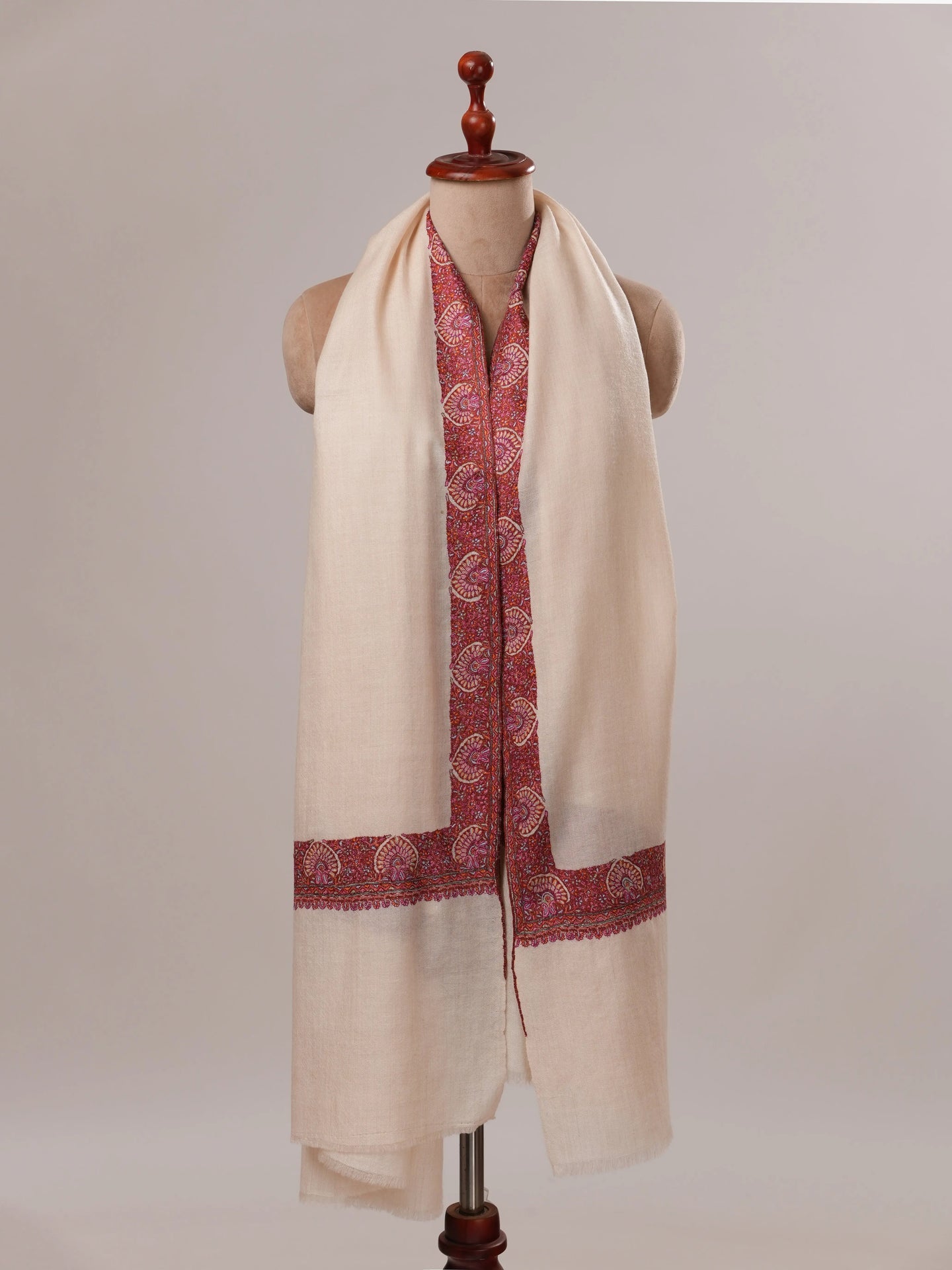 White Neemdaur Hand Embroidered Pure Soft Pashmina Shawl Shahkaar.com