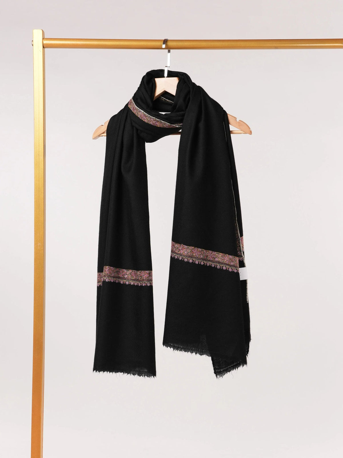 Black Handwoven Kashmiri Pashmina Shawl with Hashia Hand Embroidery Shahkaar.com