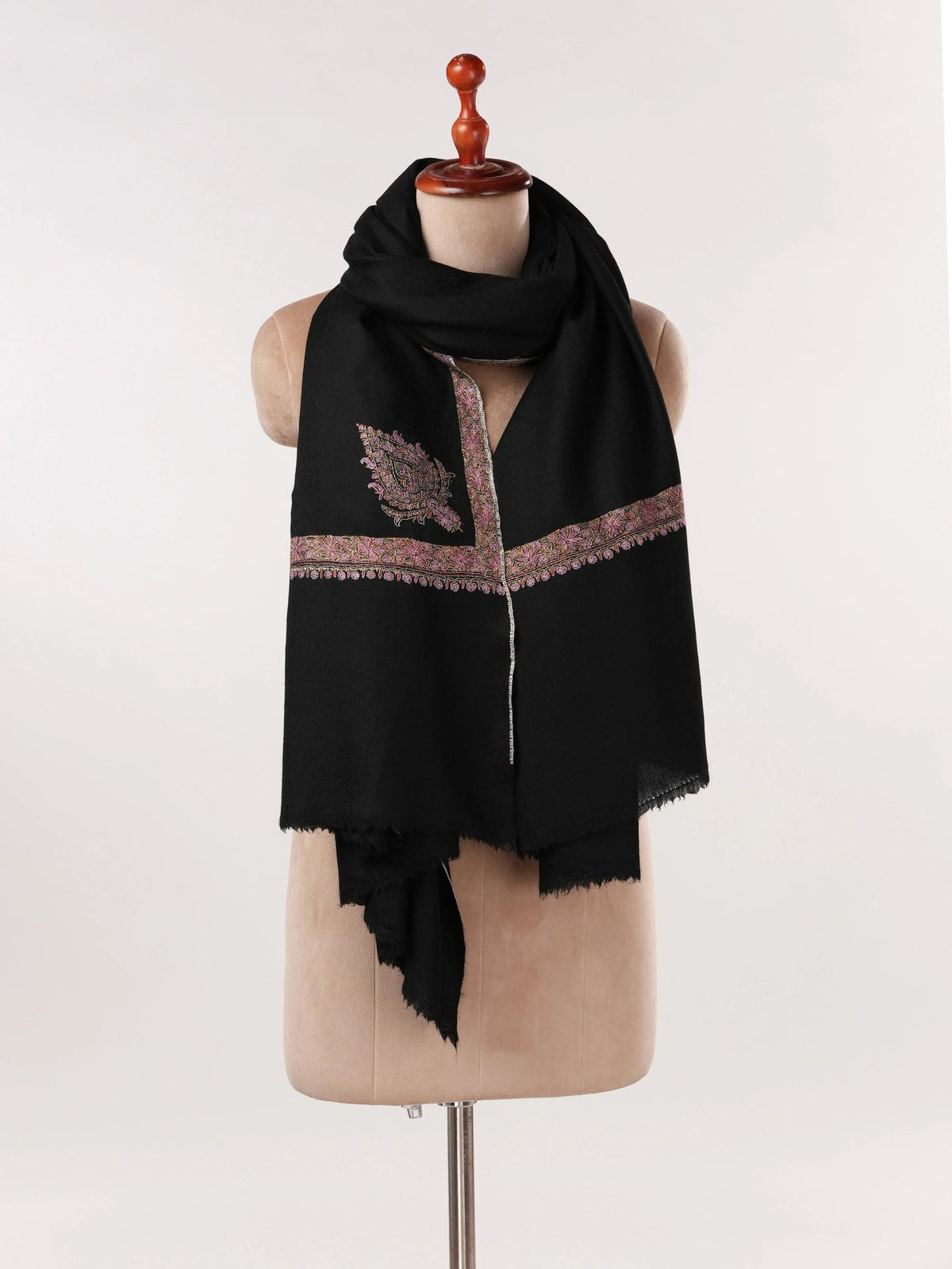 Black Handwoven Kashmiri Pashmina Shawl with Hashia Hand Embroidery Shahkaar.com