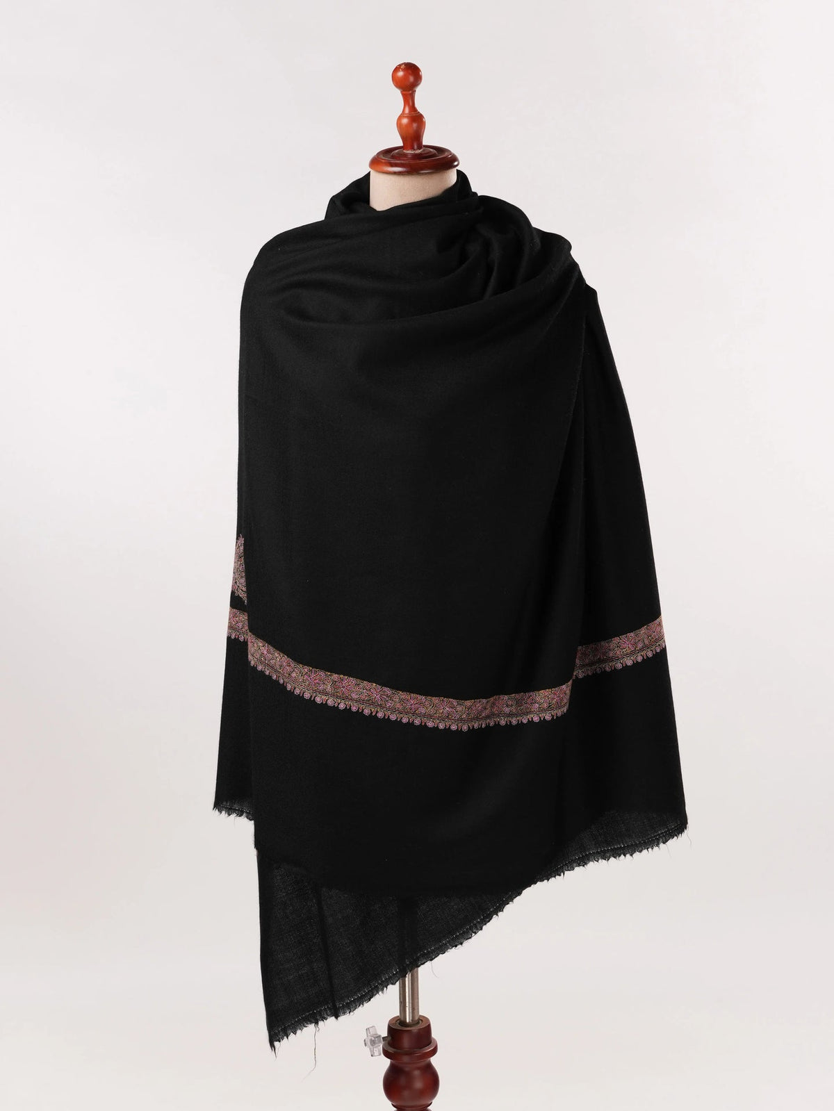 Black Handwoven Kashmiri Pashmina Shawl with Hashia Hand Embroidery Shahkaar.com