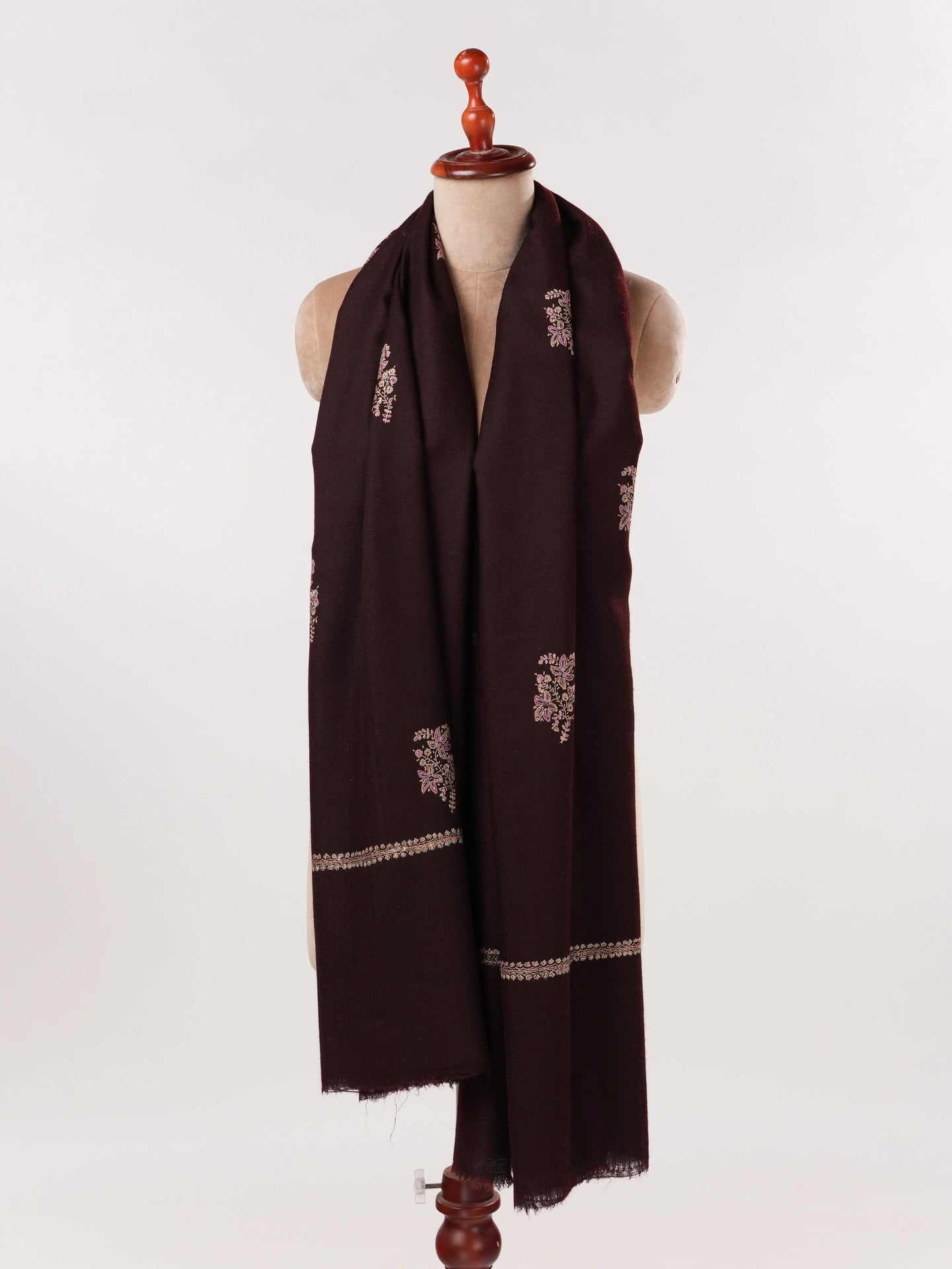 Handwoven Dark Brown Pashmina Shawl with Buteh Embroidery Shahkaar.com