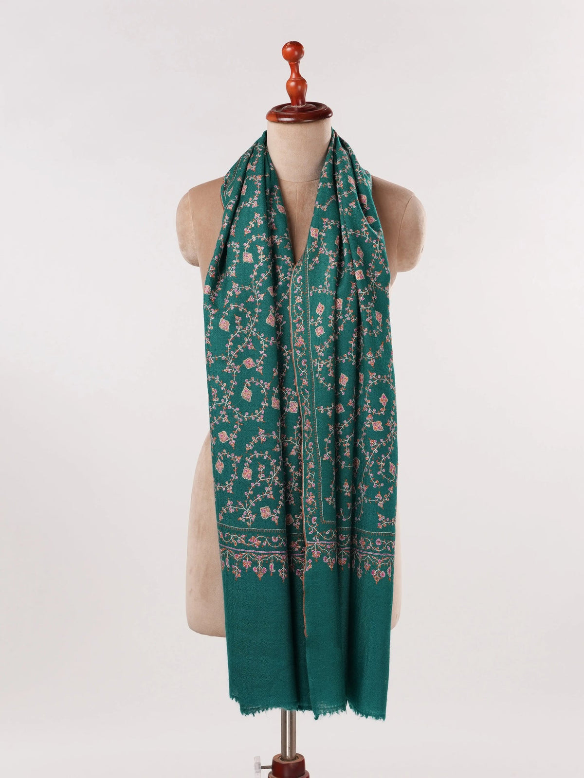 Kashmiri Turquoise Hand Embroidered Pure Forest Green Cashmere Scarf Shahkaar.com