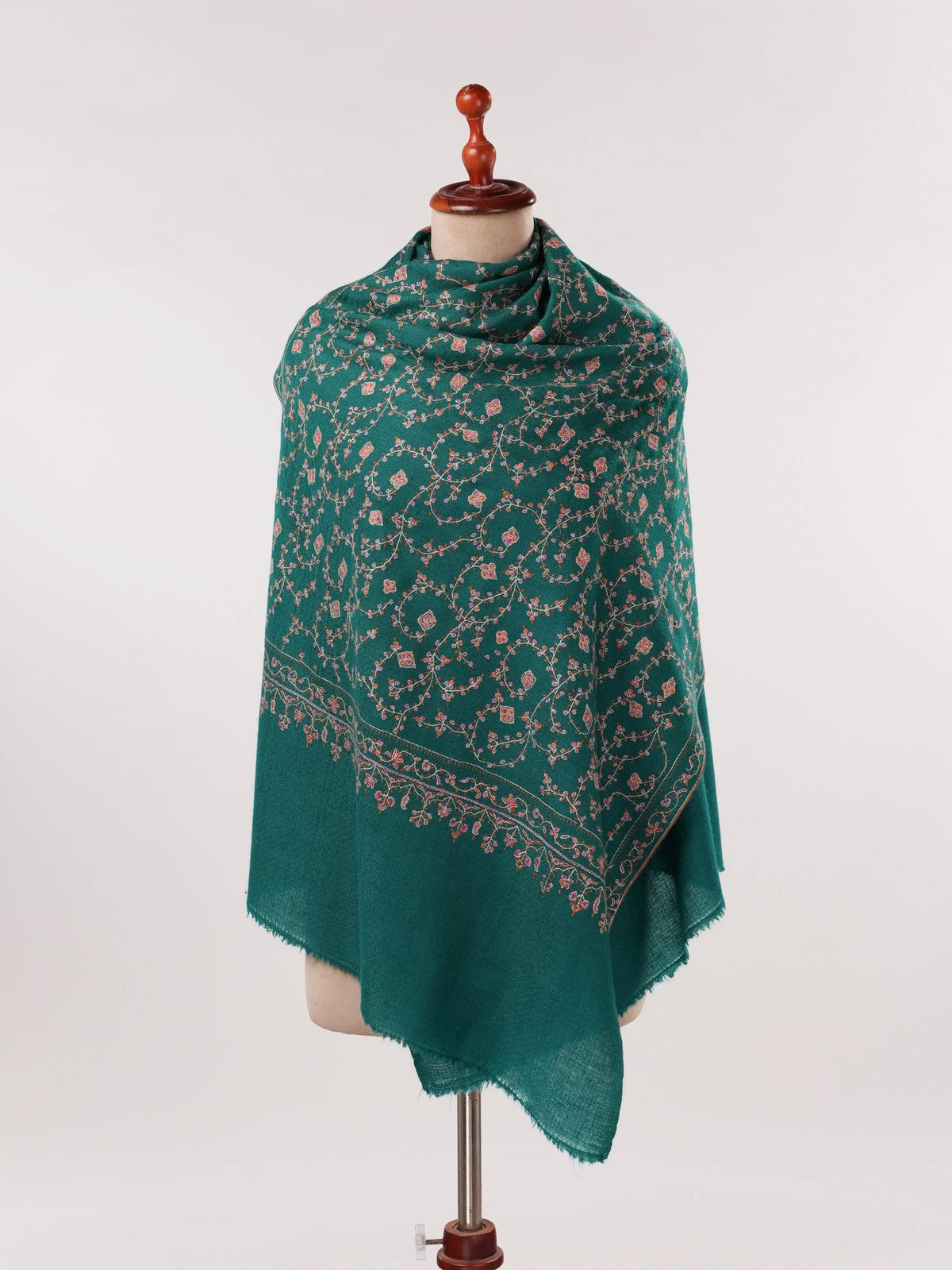 Kashmiri Turquoise Hand Embroidered Pure Forest Green Cashmere Scarf Shahkaar.com