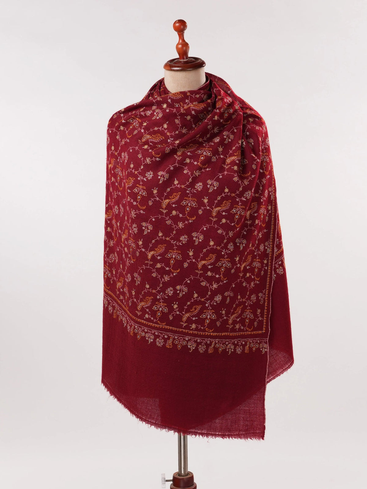 Kashmiri Burgundy Cashmere Scarf with Jali Hand Embroidery Shahkaar.com
