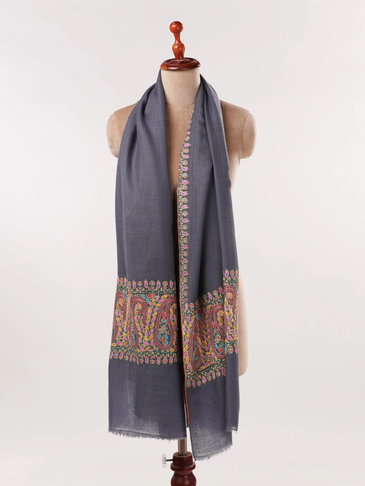Grey Handwoven Cashmere Scarf with Palldar Papermachie Hand Sozni Embroidery Shahkaar.com