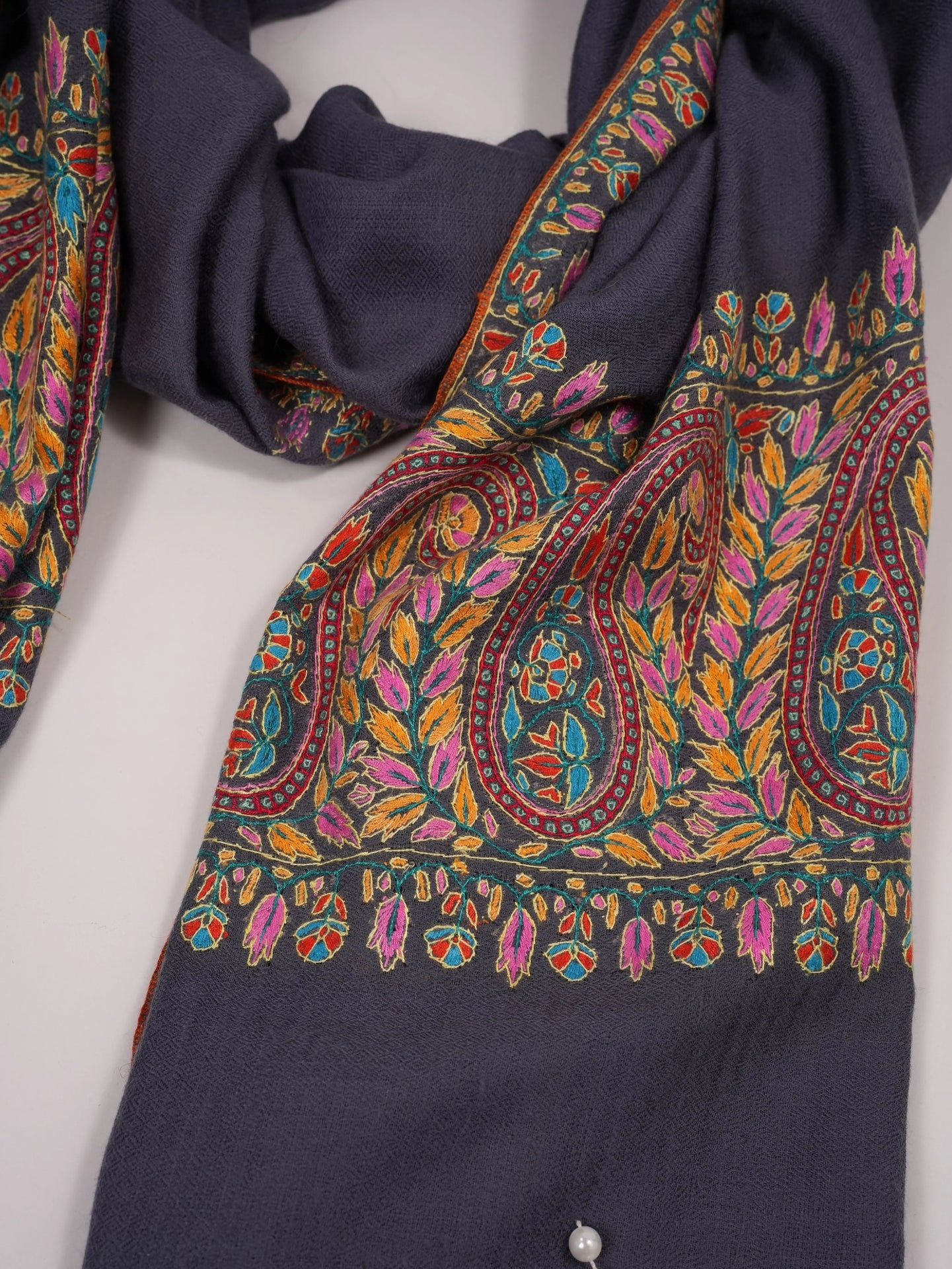 Grey Handwoven Cashmere Scarf with Palldar Papermachie Hand Sozni Embroidery Shahkaar.com