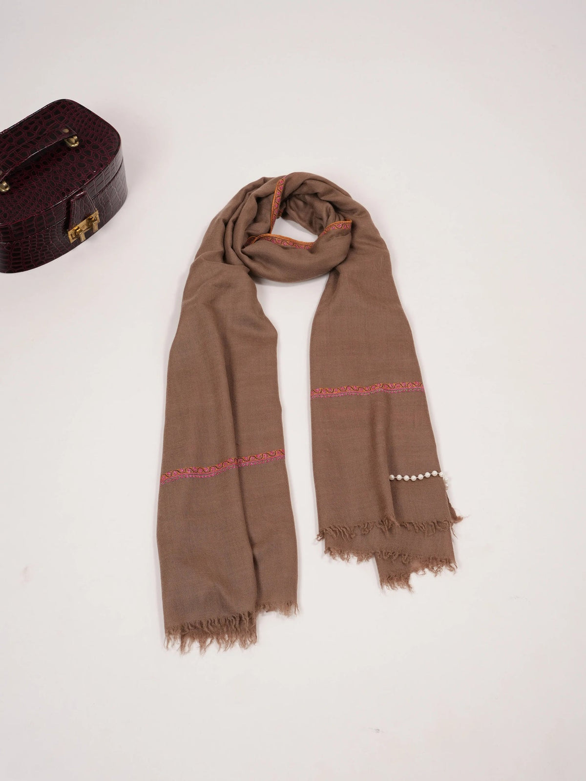 Natural Taupe Pashmina Shawl with Baildar Hand Embroidery Shahkaar.com