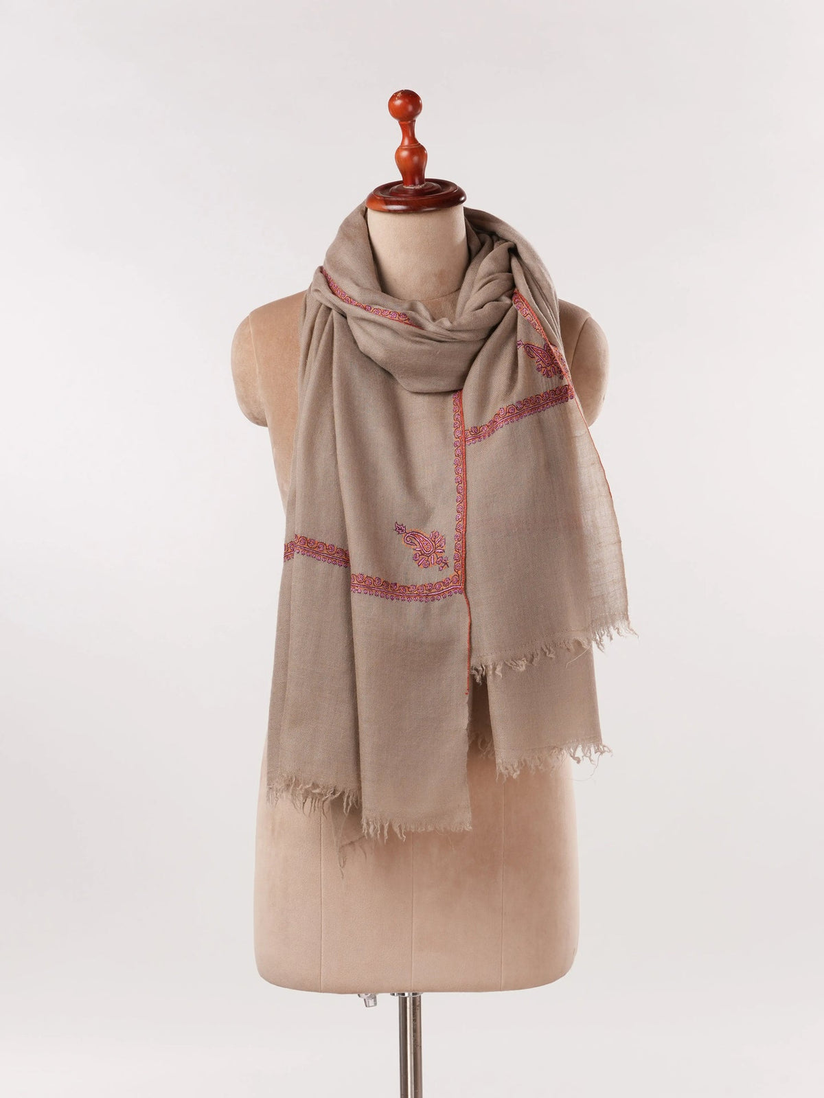 Taupe Baildar Handwoven Pashmina Shawl with Hand Embroidery Shahkaar.com