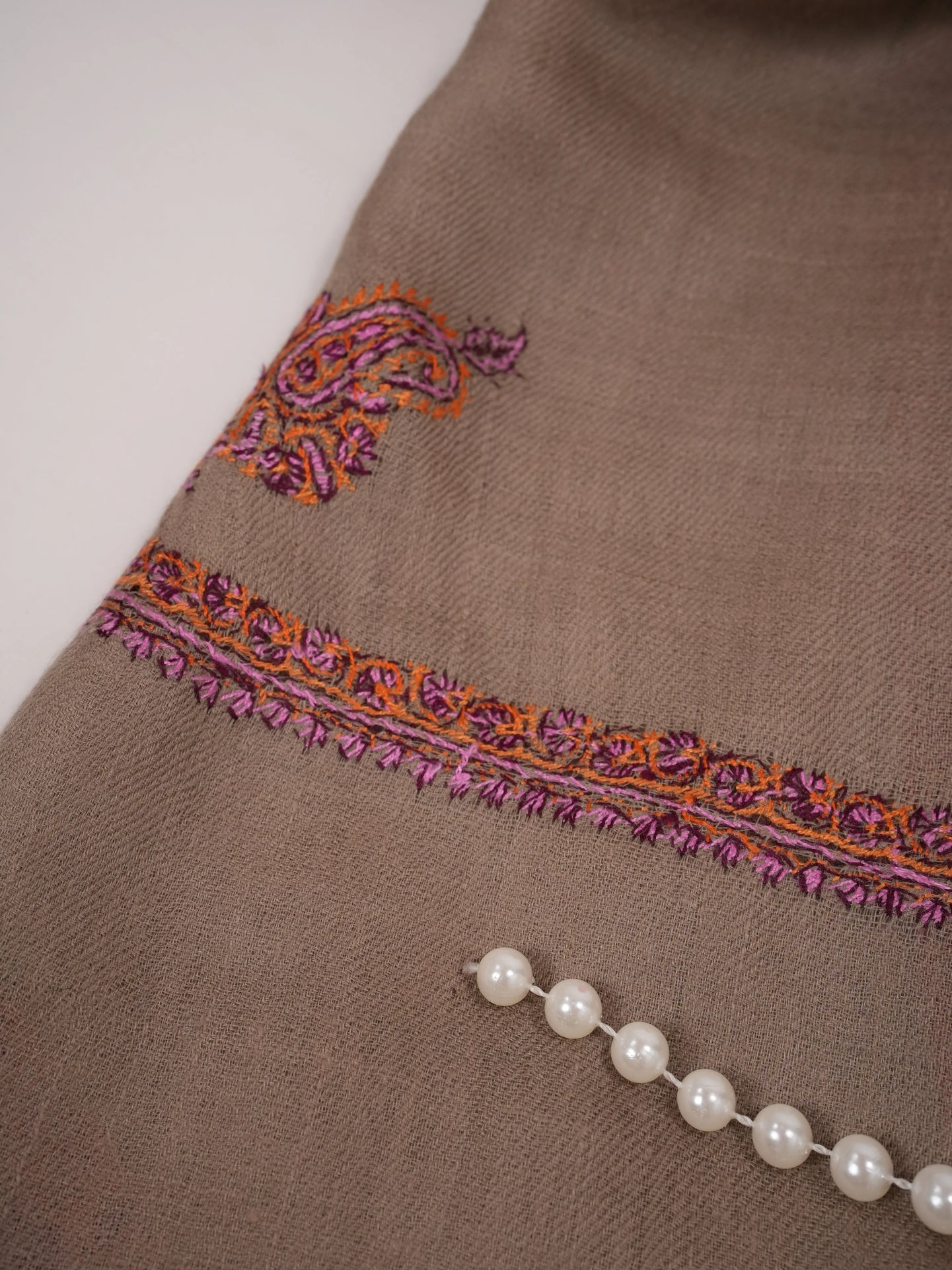 Taupe Baildar Handwoven Pashmina Shawl with Hand Embroidery Shahkaar.com