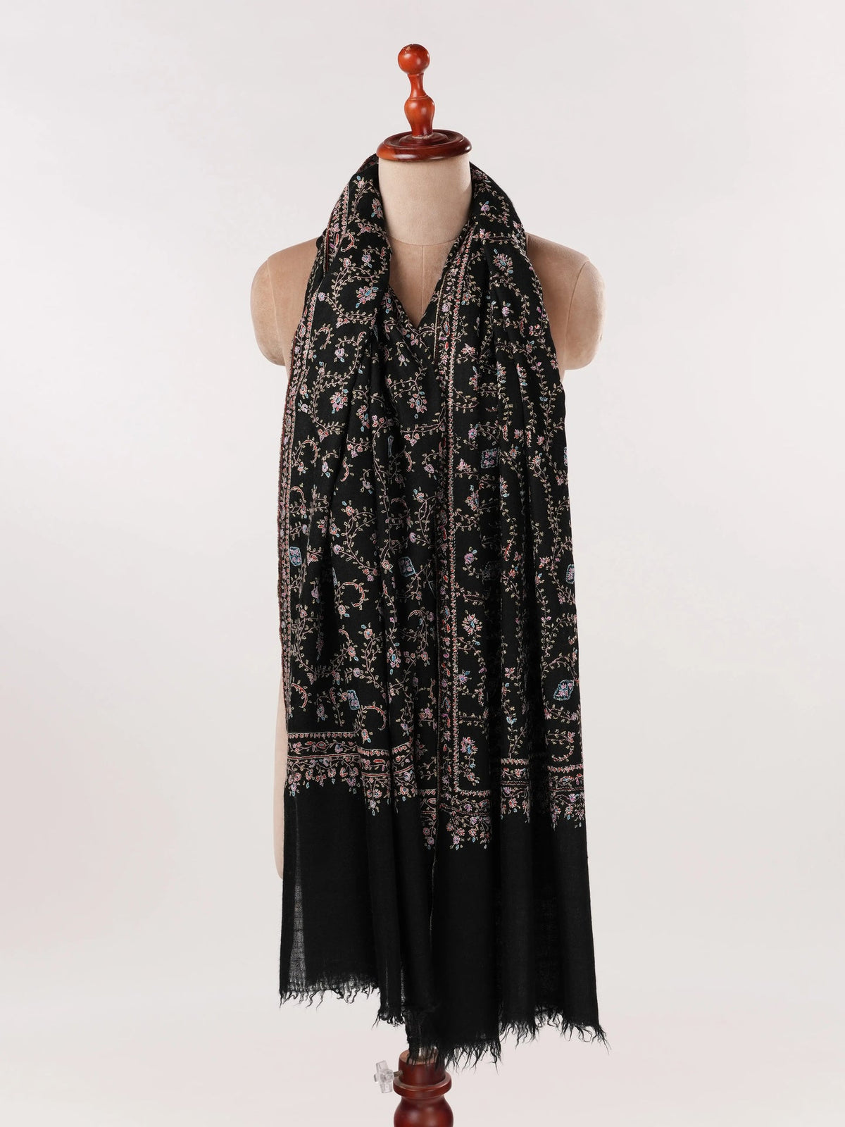 Black Handwoven Authentic Pashmina Shawl with Jali Hand Sozni Embroidery Shahkaar.com