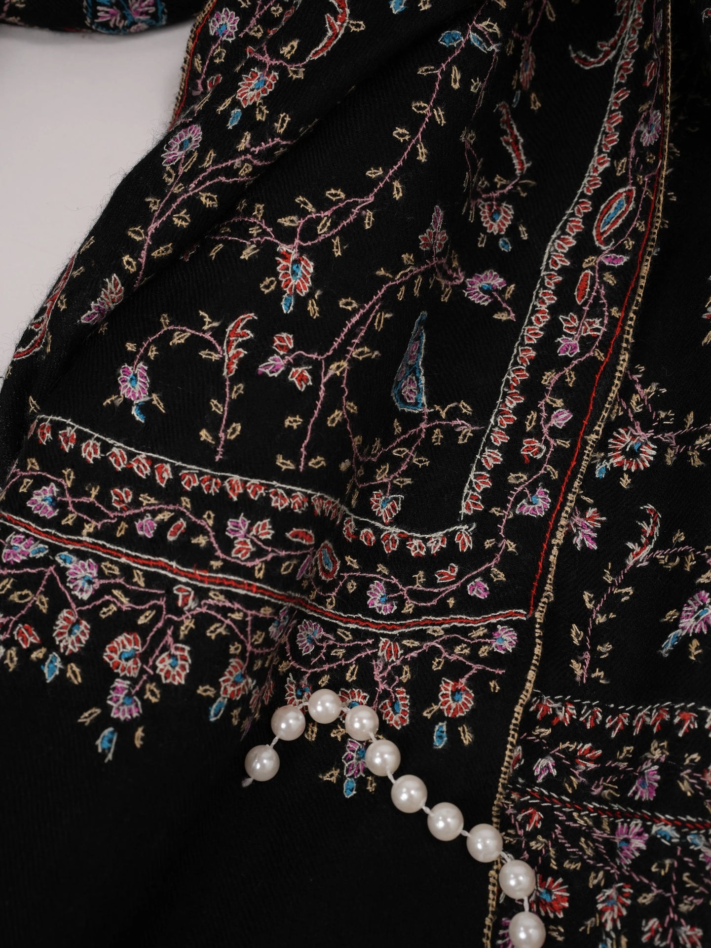 Black Handwoven Authentic Pashmina Shawl with Jali Hand Sozni Embroidery Shahkaar.com