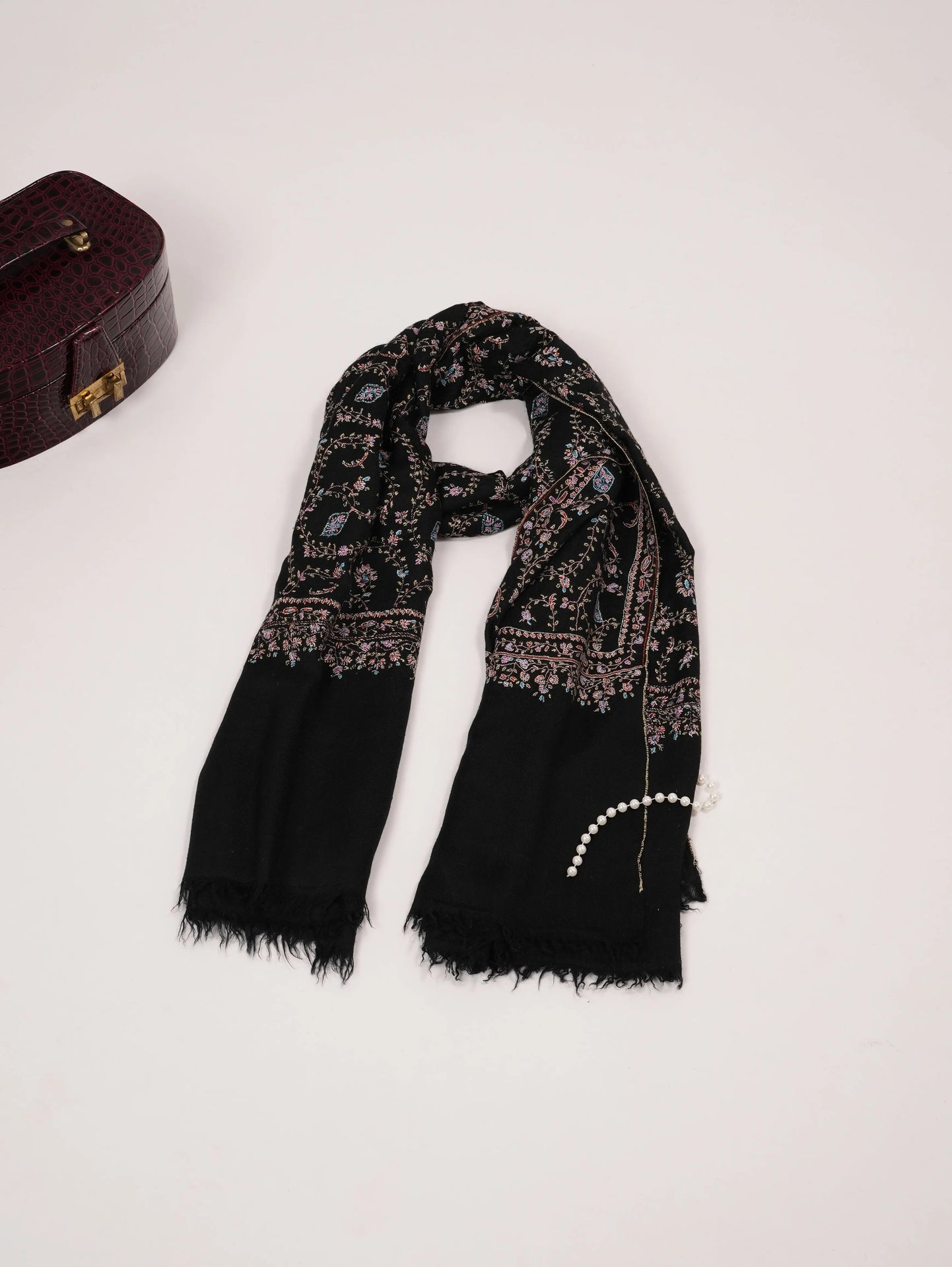 Black Handwoven Authentic Pashmina Shawl with Jali Hand Sozni Embroidery Shahkaar.com