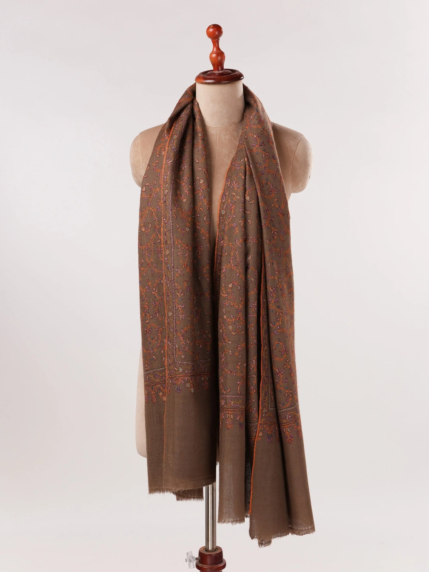 Dark Taupe Pashmina Shawl with Jali Hand Sozni Embroidery Shahkaar.com
