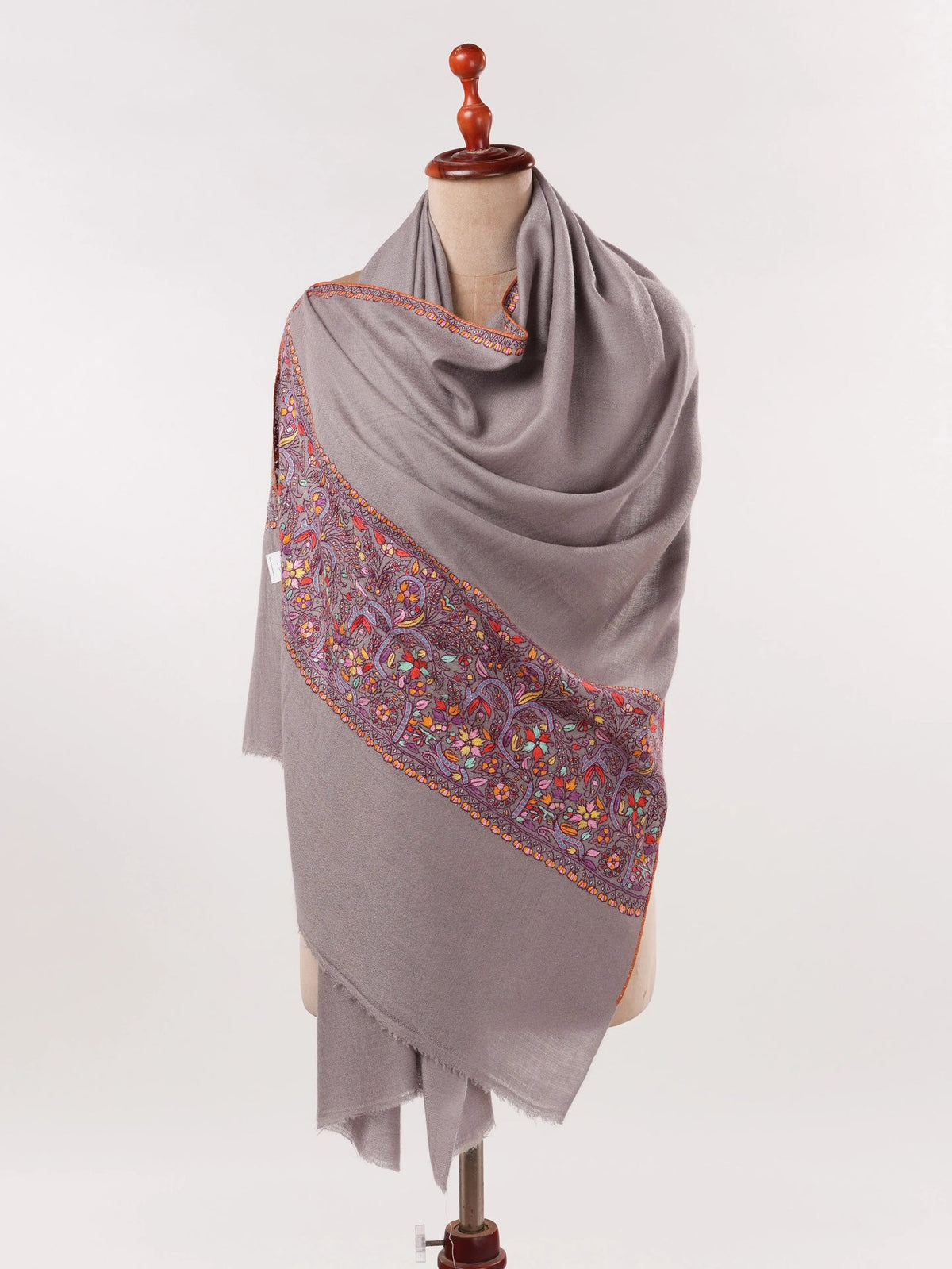 Grey Kashmiri Cashmere Scarf with Handwoven Palla Sozni Embroidery Shahkaar.com