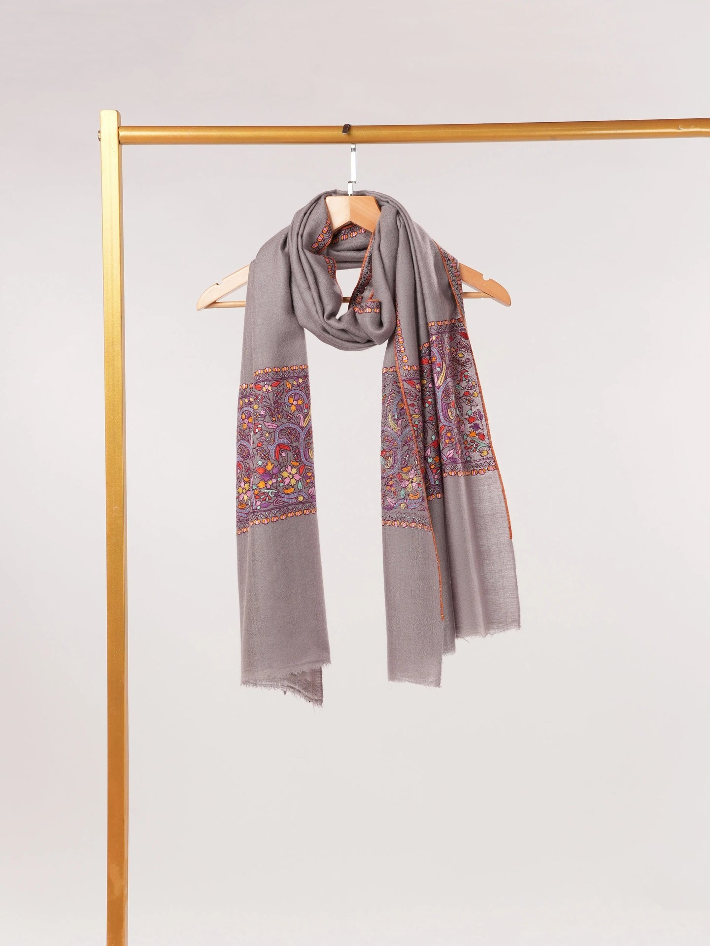 Grey Kashmiri Cashmere Scarf with Handwoven Palla Sozni Embroidery Shahkaar.com
