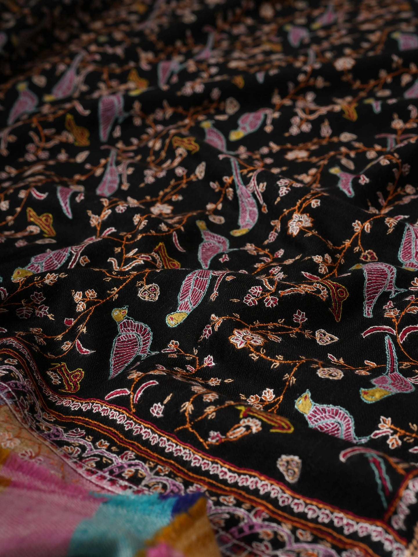 Black Pashmina Shawl with Bird Jali Embroidery and Striped Ends Shahkaar