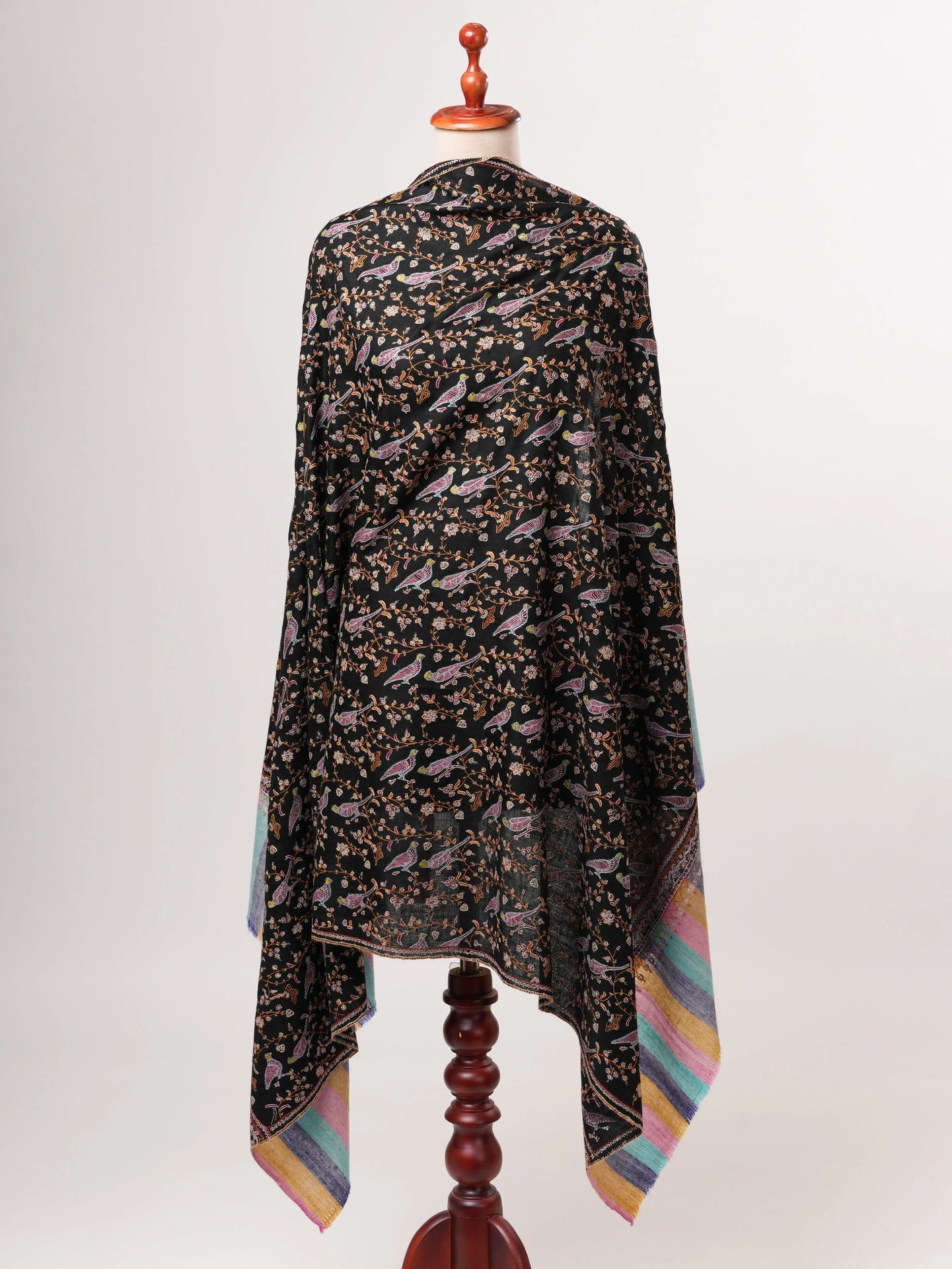 Black Pashmina Shawl with Bird Jali Embroidery and Striped Ends Shahkaar