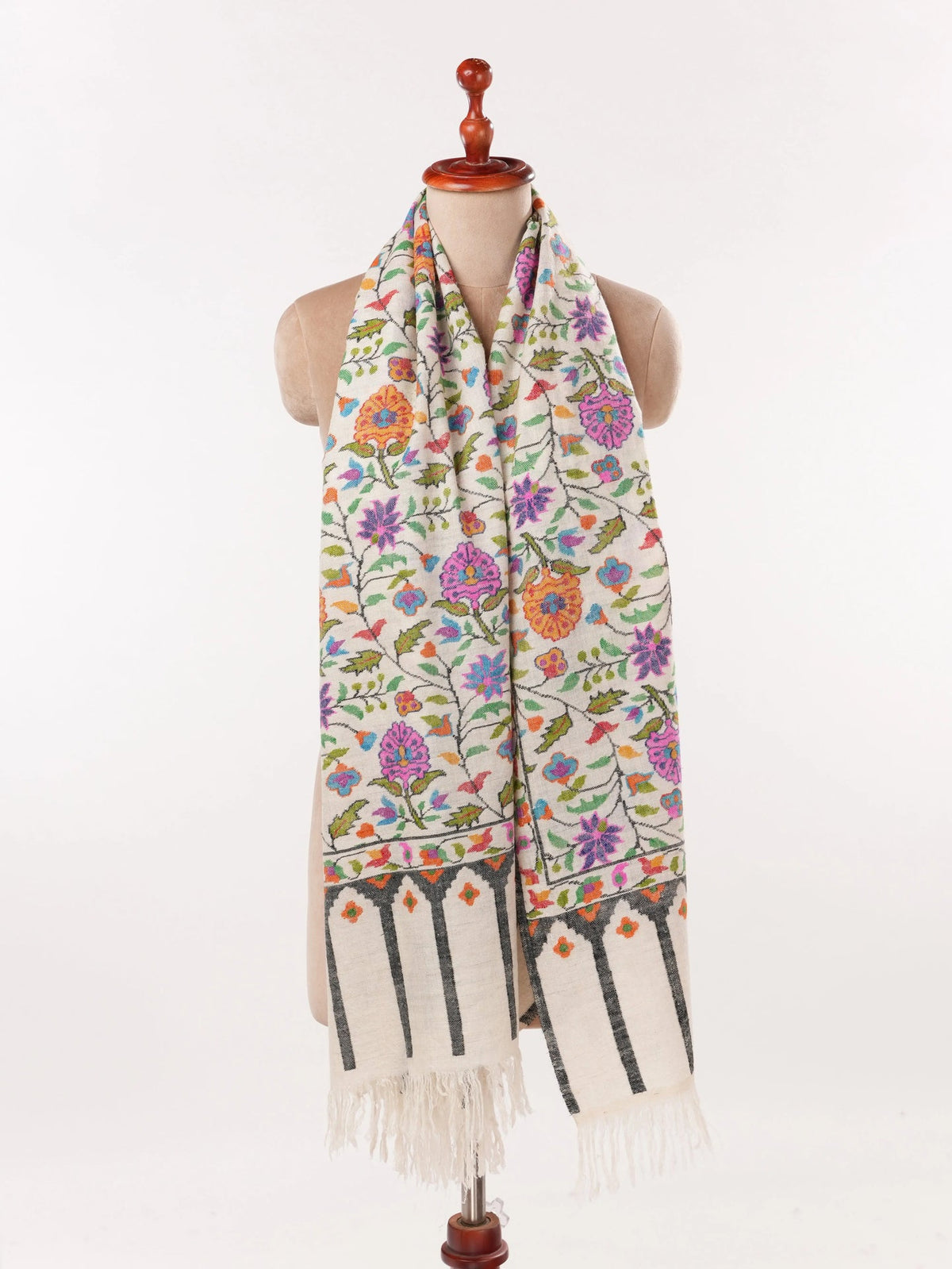 Natural Ivory Handspun Handwoven Floral Kani Pashmina Scarf