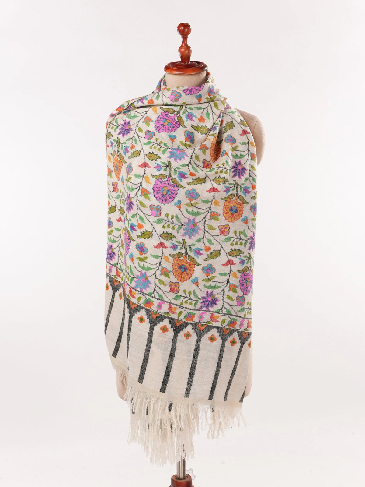 Natural Ivory Handspun Handwoven Floral Kani Pashmina Scarf