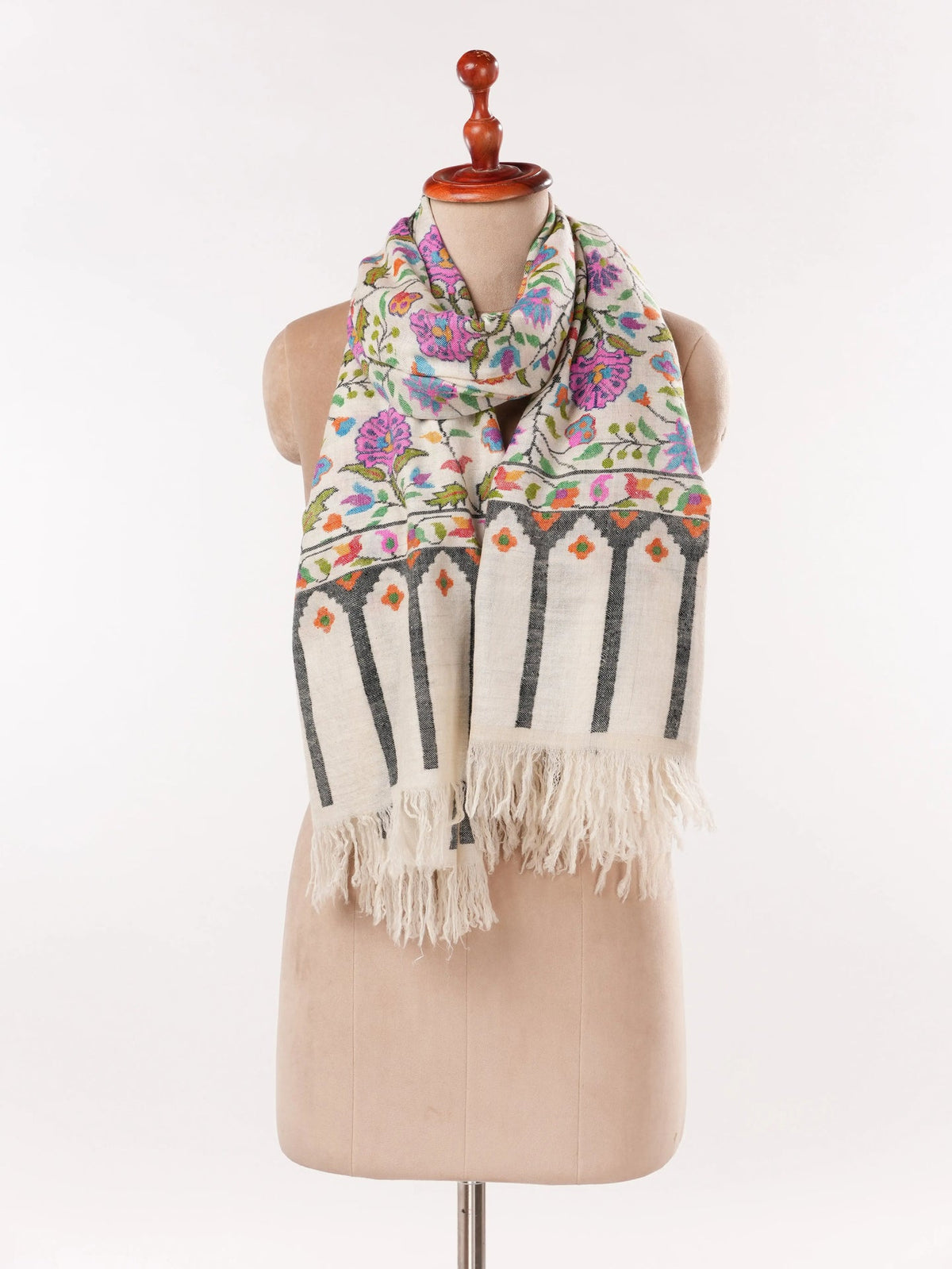 Natural Ivory Handspun Handwoven Floral Kani Pashmina Scarf