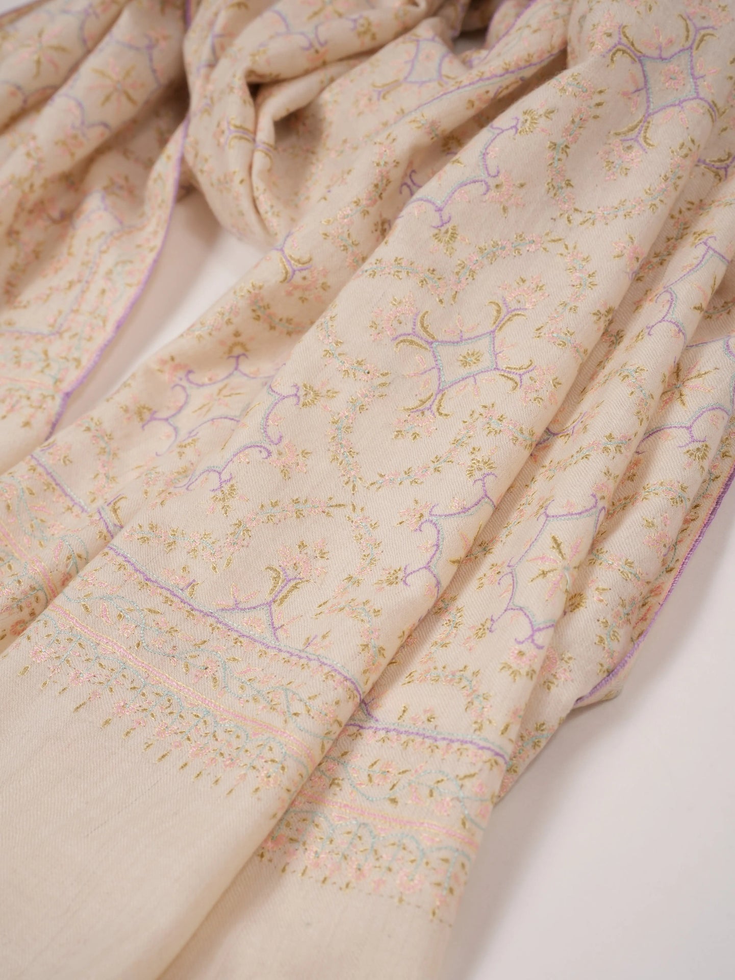 Jali Mulberry SIlk Embroidered Kashmiri Pashmina Shawl in Natural Offwhite Shahkaar.com