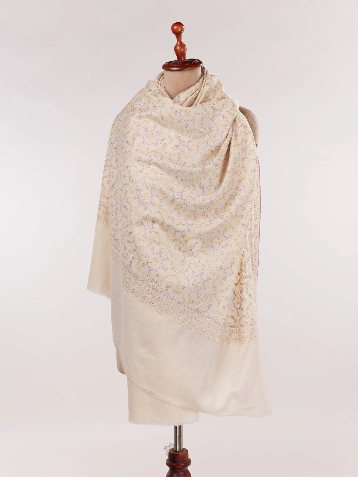 Jali Mulberry SIlk Embroidered Kashmiri Pashmina Shawl in Natural Offwhite Shahkaar.com