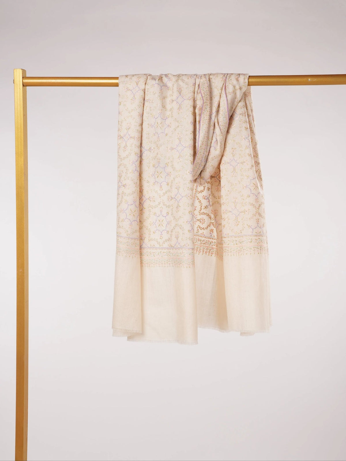 Jali Mulberry SIlk Embroidered Kashmiri Pashmina Shawl in Natural Offwhite Shahkaar.com