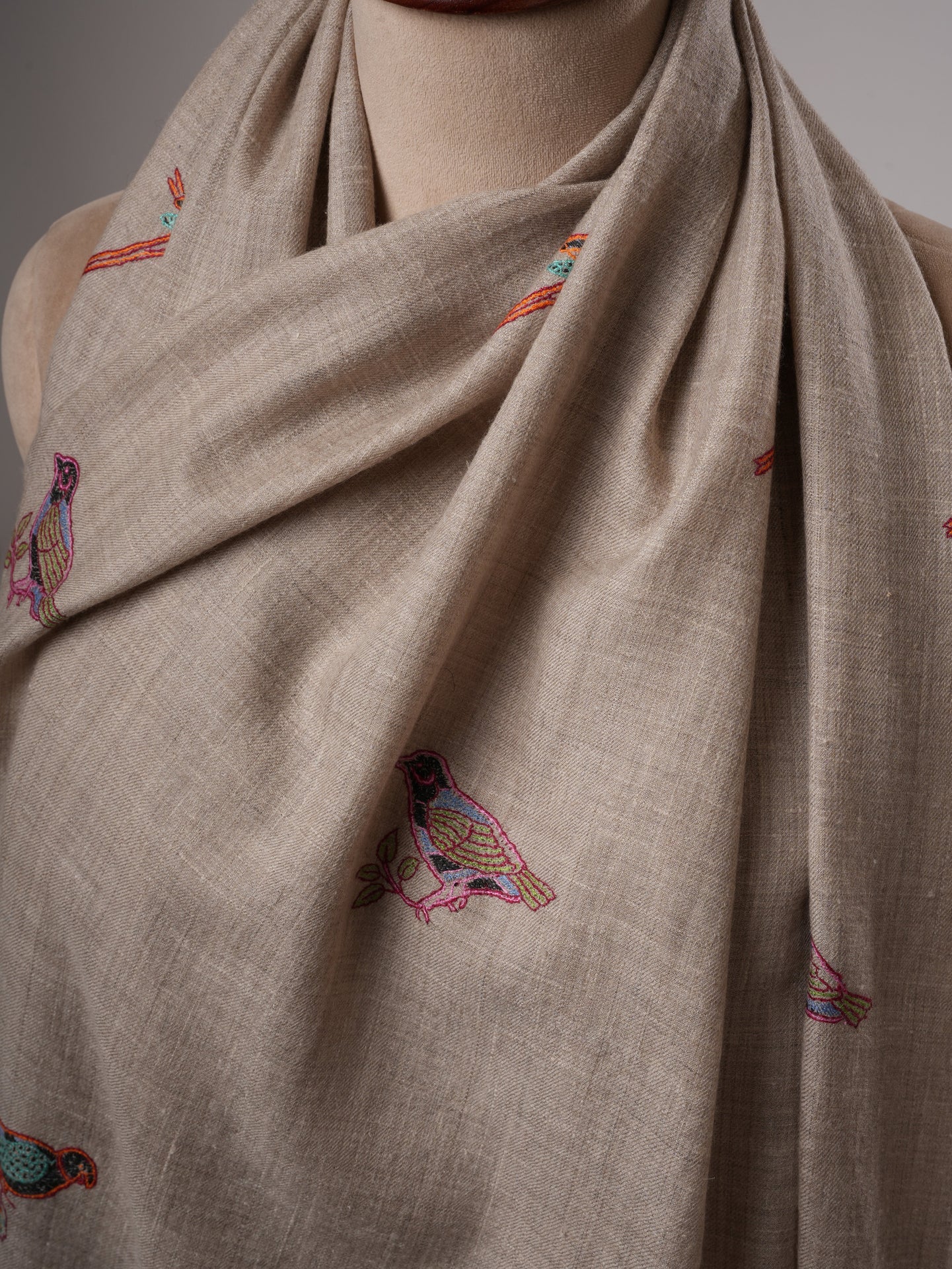 Hand Embroidered Sparrow Buteh Parrot Handwoven Indian Pashmina Shawl Shahkaar