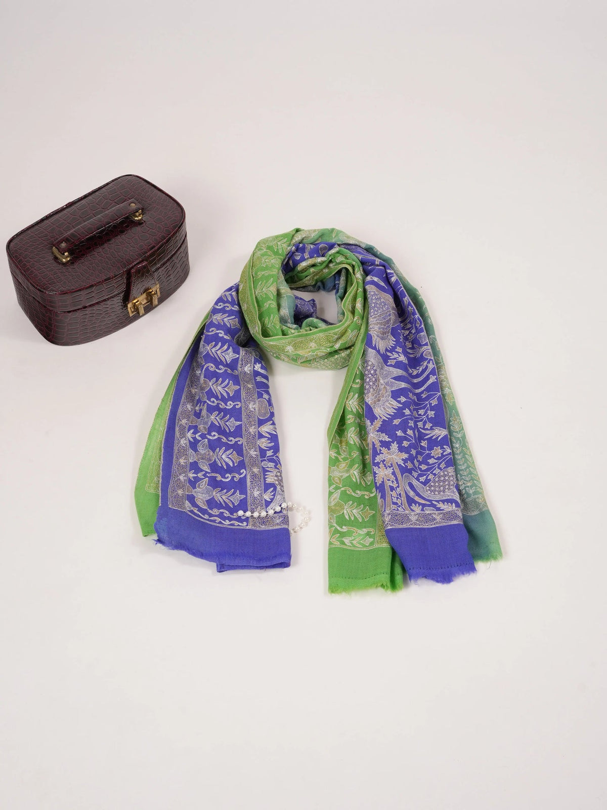 Dual Shade Handwoven Pashmina Shawl with Hand Kalamkari Embroidery Shahkaar.com