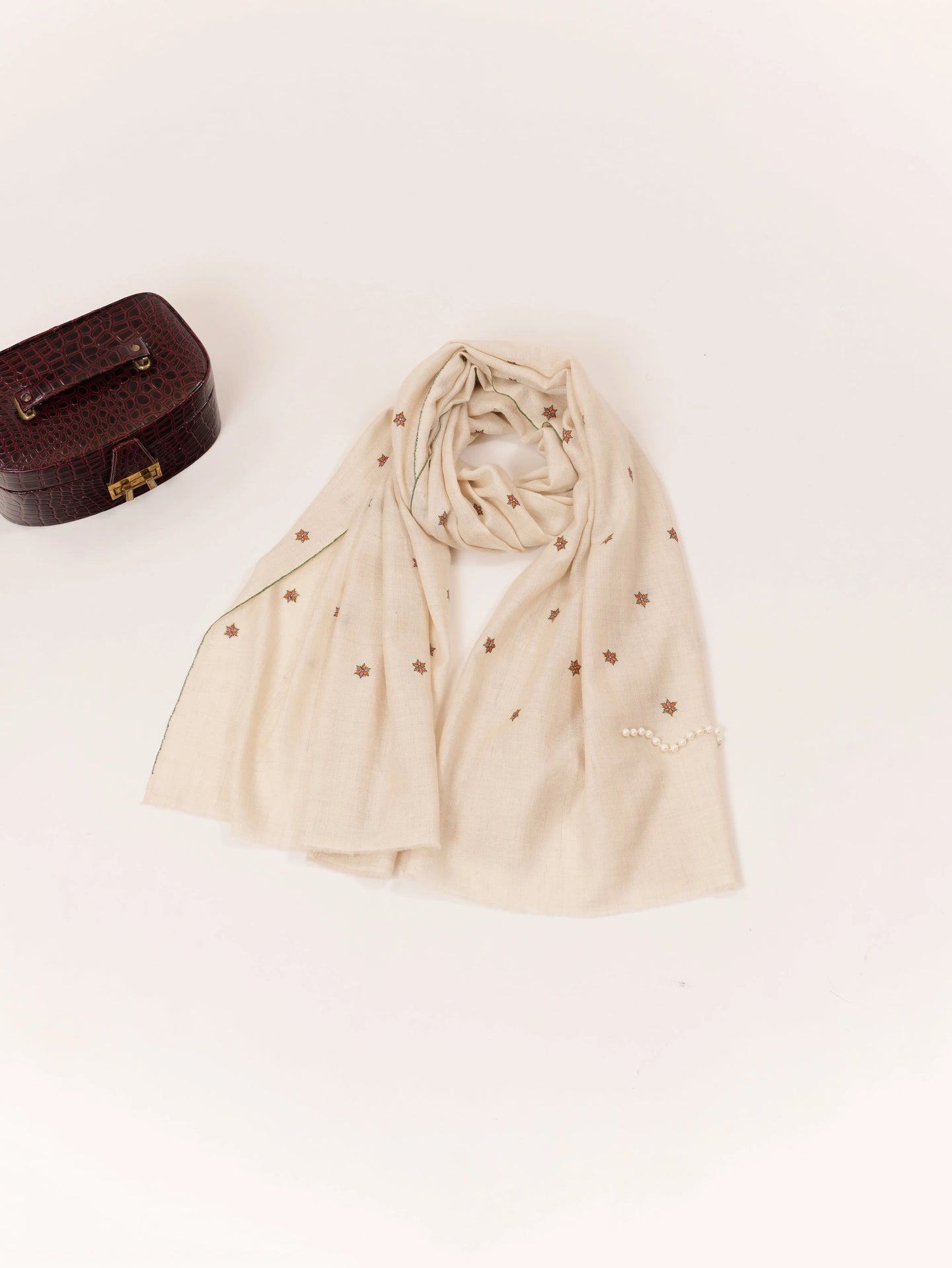 Sozni Star Buteh Handwork Natural White Kashmiri Handwoven Pashmina Shawl Shahkaar.com