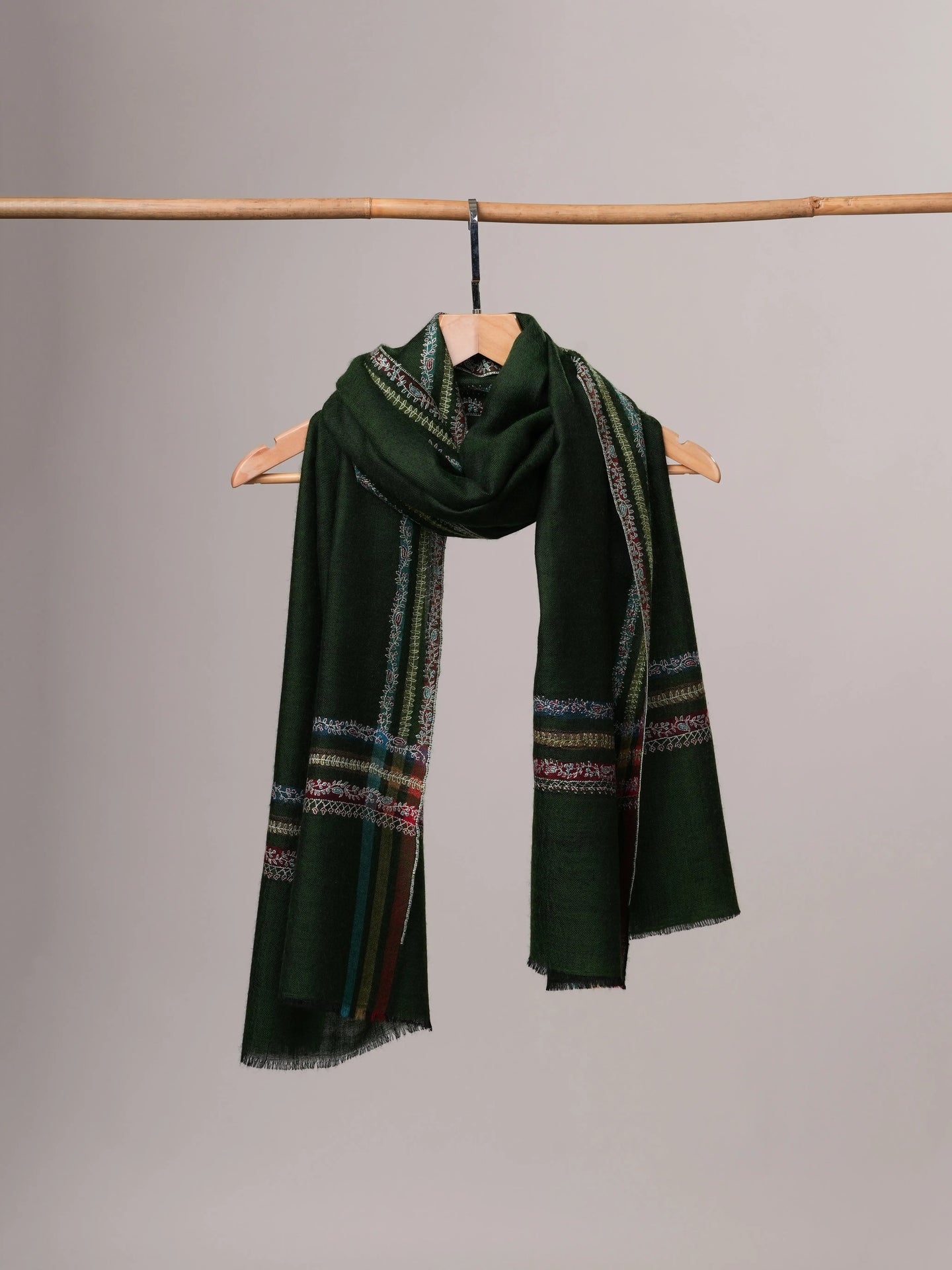 Hashia Embroidered Green Cashmere Scarf with Border Hashia Embroidery Shahkaar