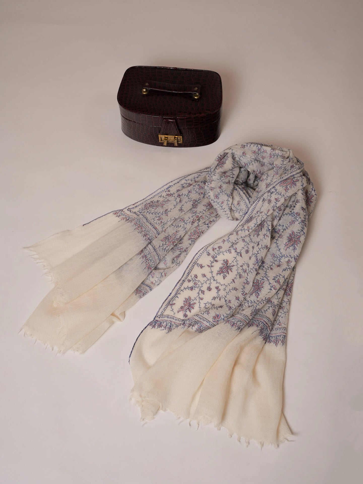 White Jali Hand Embroidered Boiled Wool Soft Shawl Shahkaar Global