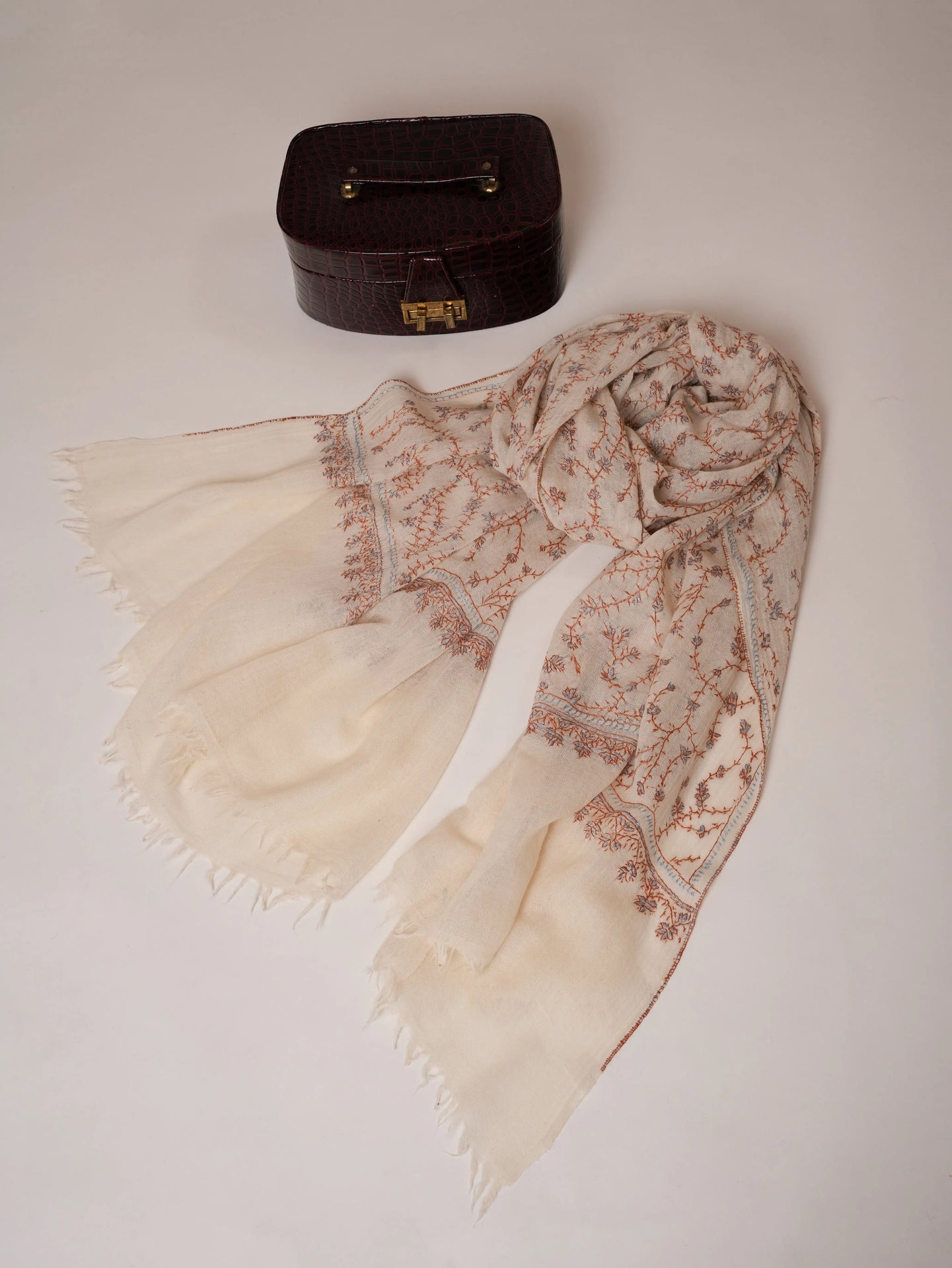 White Boiled Wool Shawl with Jali Hand Embroidery Shahkaar Global