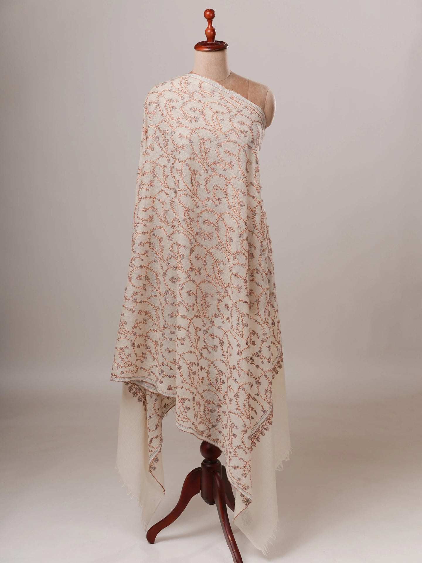 White Boiled Wool Shawl with Jali Hand Embroidery Shahkaar Global