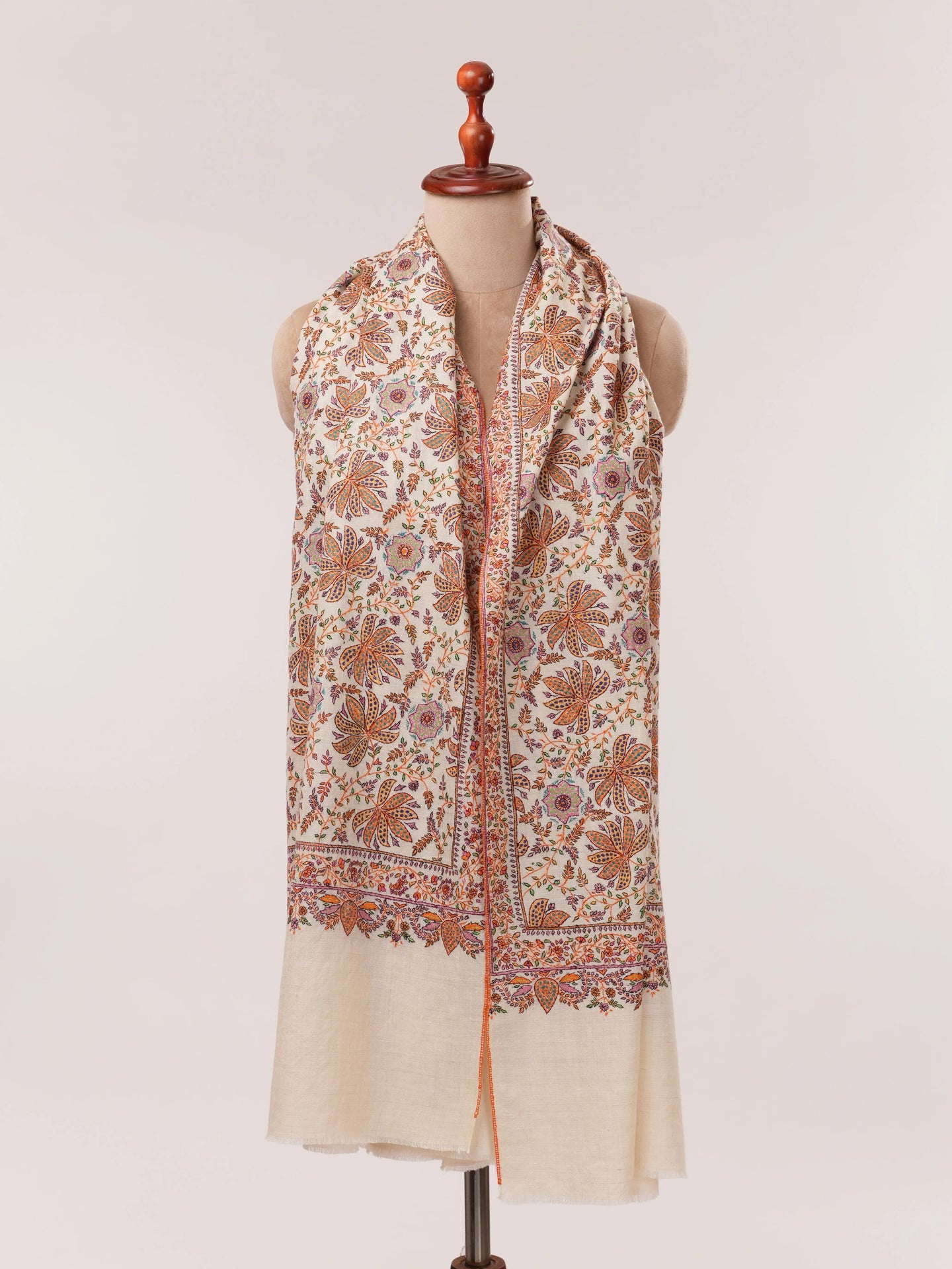 Natural White Pashmina Shawl with Detailed Hand Embroidery Shahkaar.com