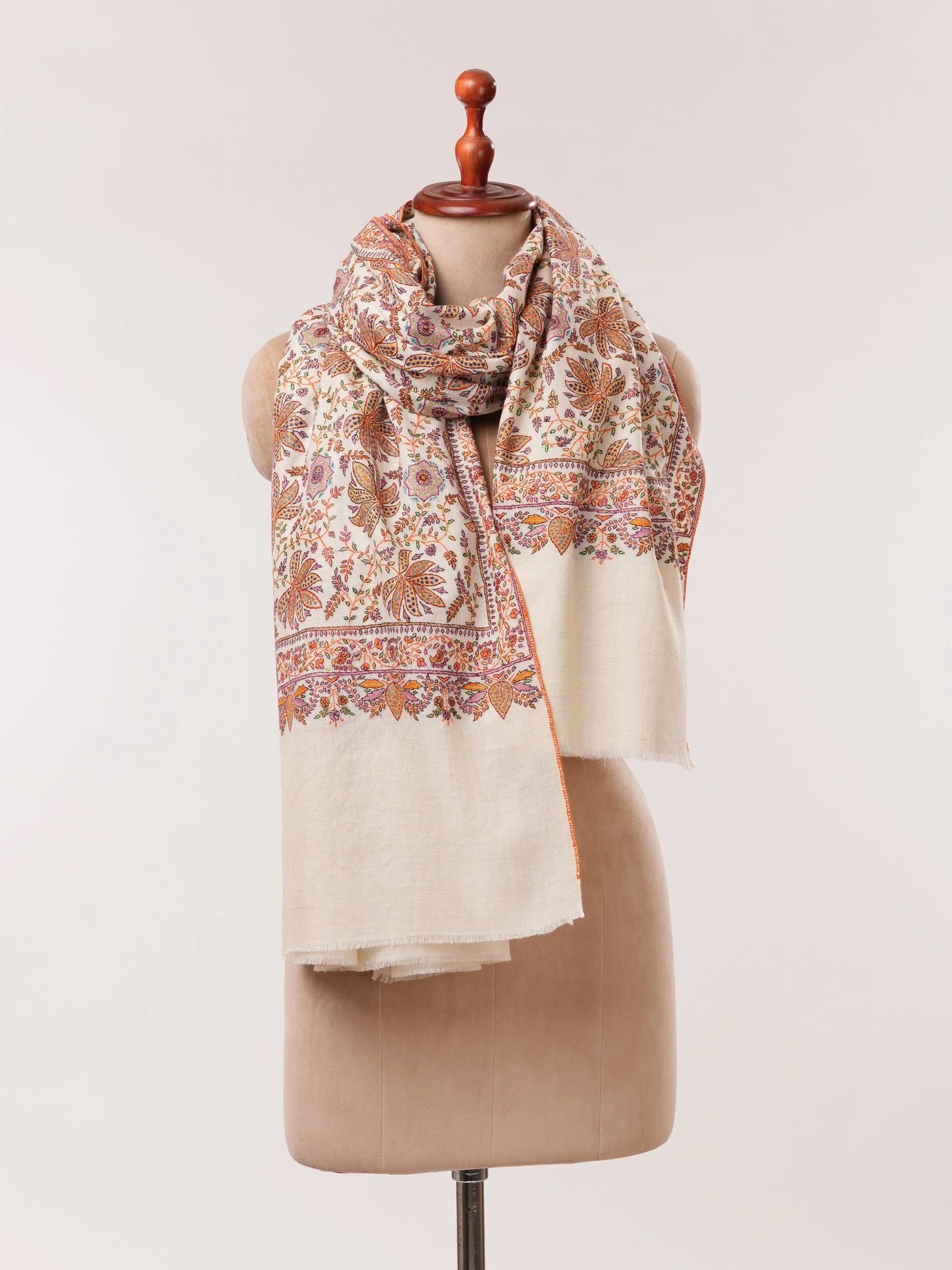 Natural White Pashmina Shawl with Detailed Hand Embroidery Shahkaar.com