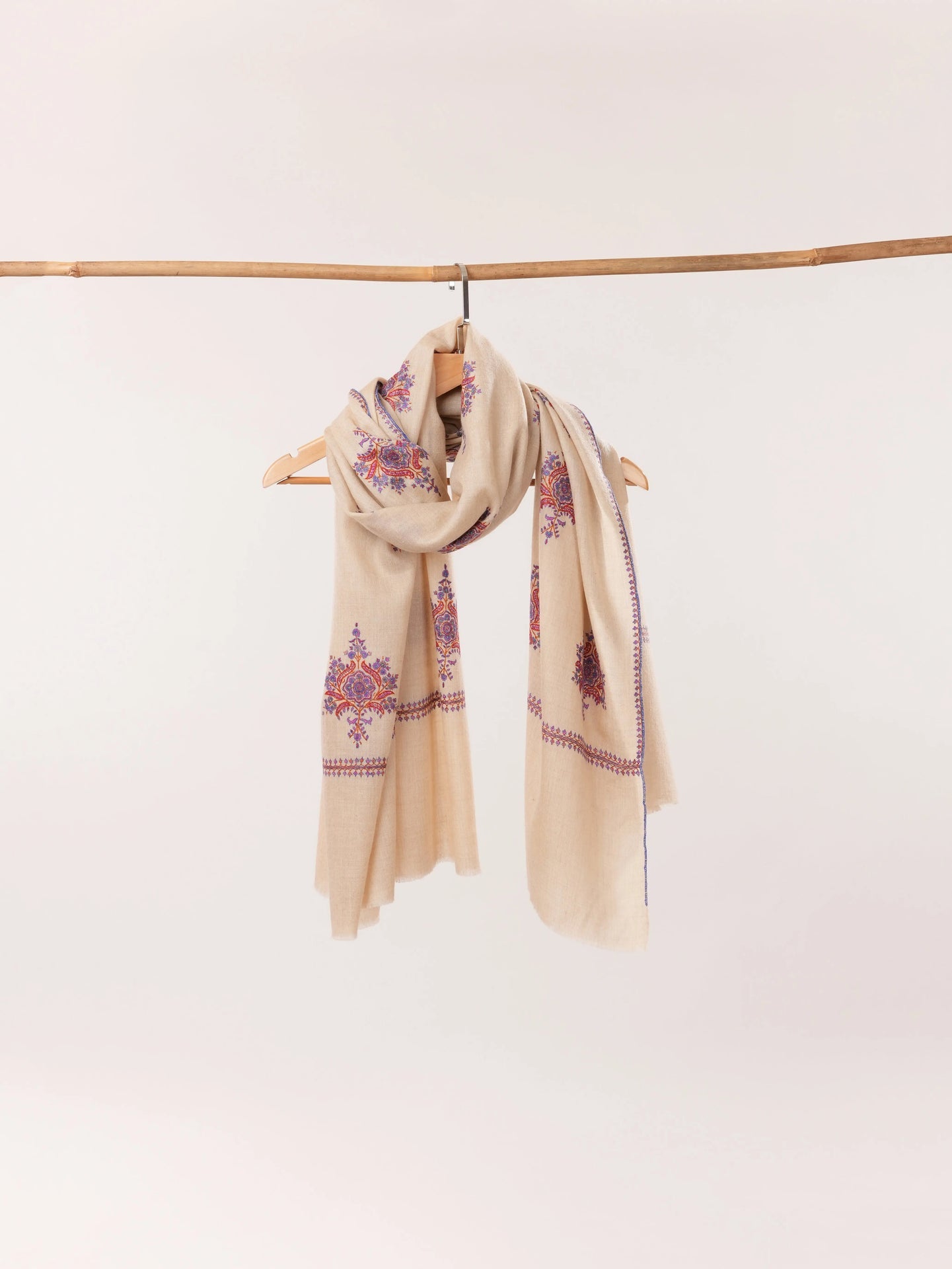 Kashmiri Beige Handwoven Pashmina Shawl with Buteh Hand Sozni Embroidery Shahkaar.com