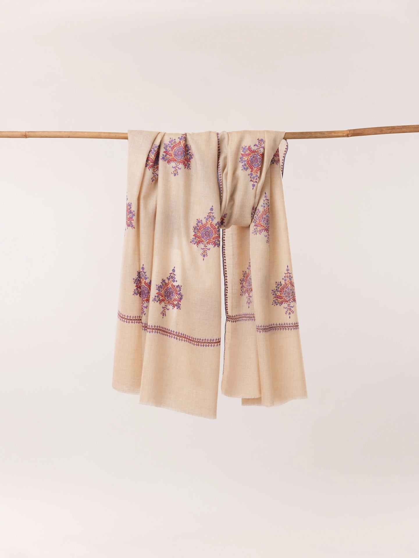Kashmiri Beige Handwoven Pashmina Shawl with Buteh Hand Sozni Embroidery Shahkaar.com