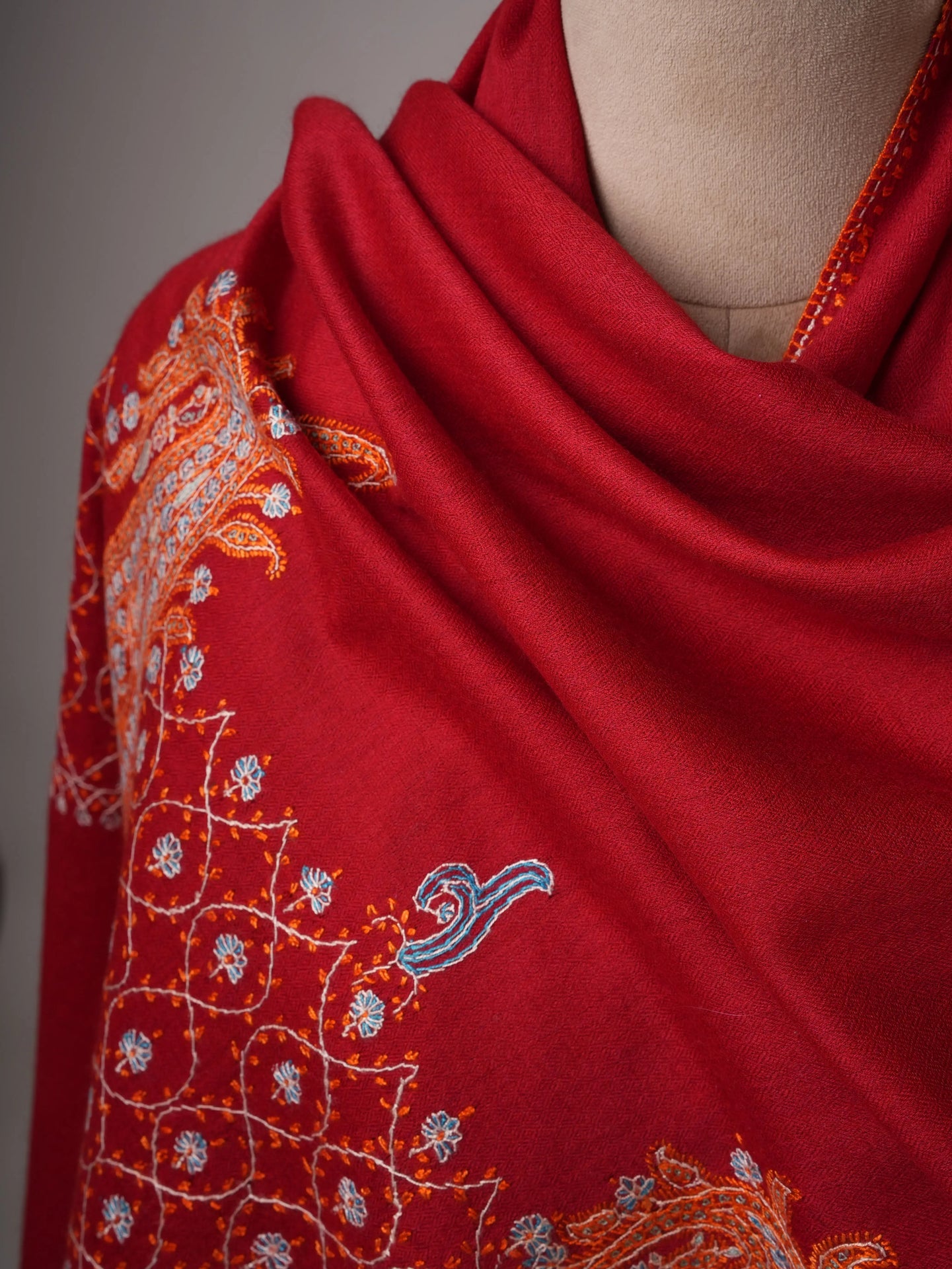 Soft Red Silk Wool Scarf with Traditional Palla Embroidery Shahkaar