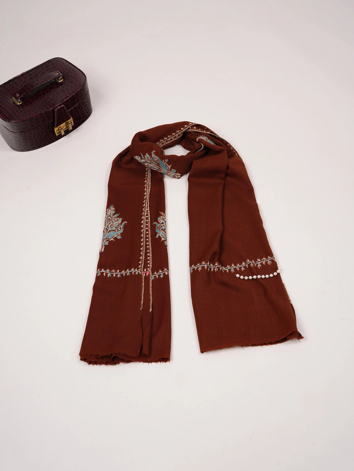 Maroon Fine Wool Kashmiri Shawl with Aksi Buteh Hand Sozni Embroidery Shahkaar.com