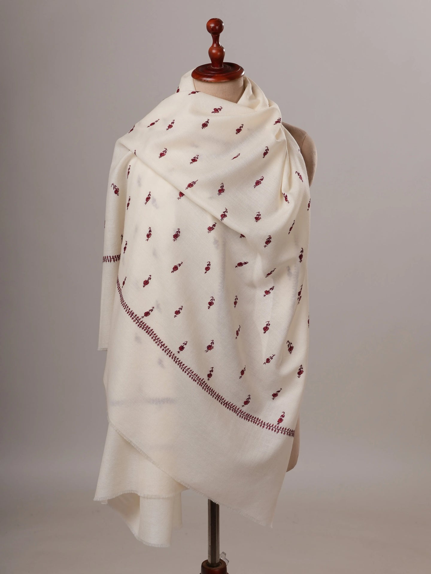 White Papier Machie Booti Hand Embroidered Fine Wool Shawl Shahkaar Global