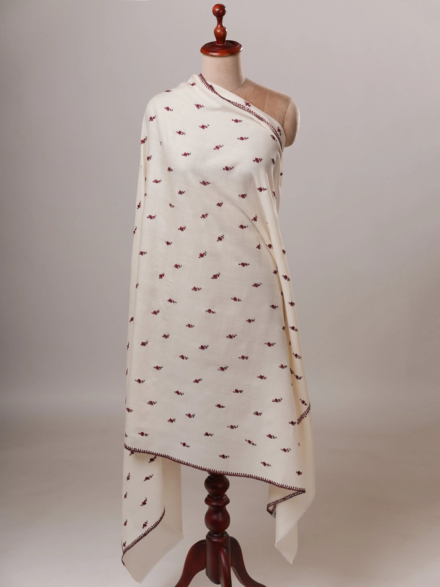 White Papier Machie Booti Hand Embroidered Fine Wool Shawl Shahkaar Global