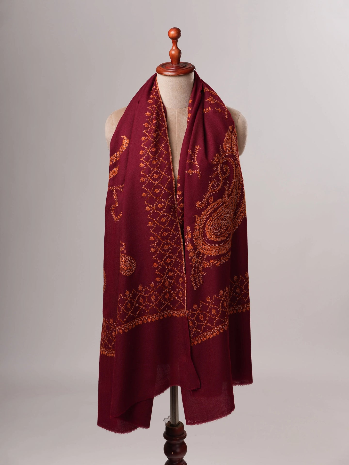 Handcrafted Maroon Fine Wool Shawl with Paisley Embroidery Shahkaar