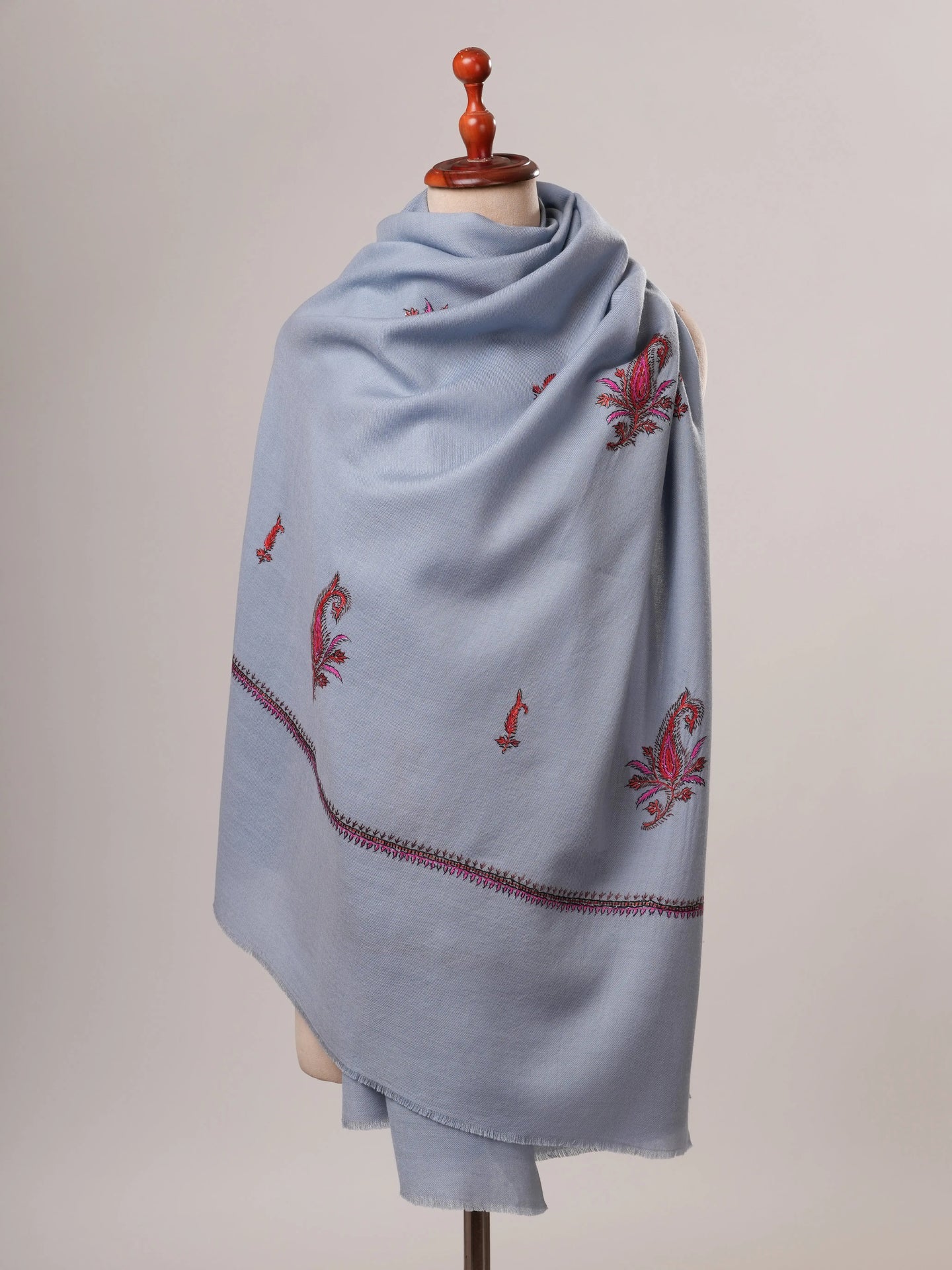 Baby Blue Aksi Hand Embroidered Fine Wool Shawl Shahkaar