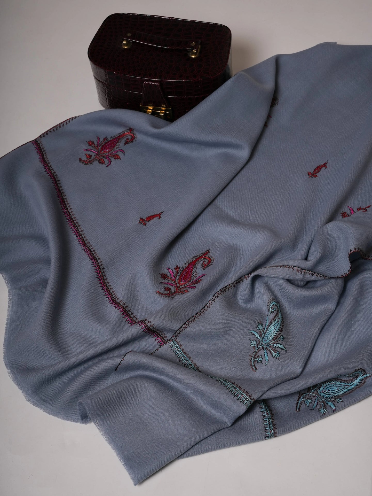 Baby Blue Aksi Hand Embroidered Fine Wool Shawl Shahkaar