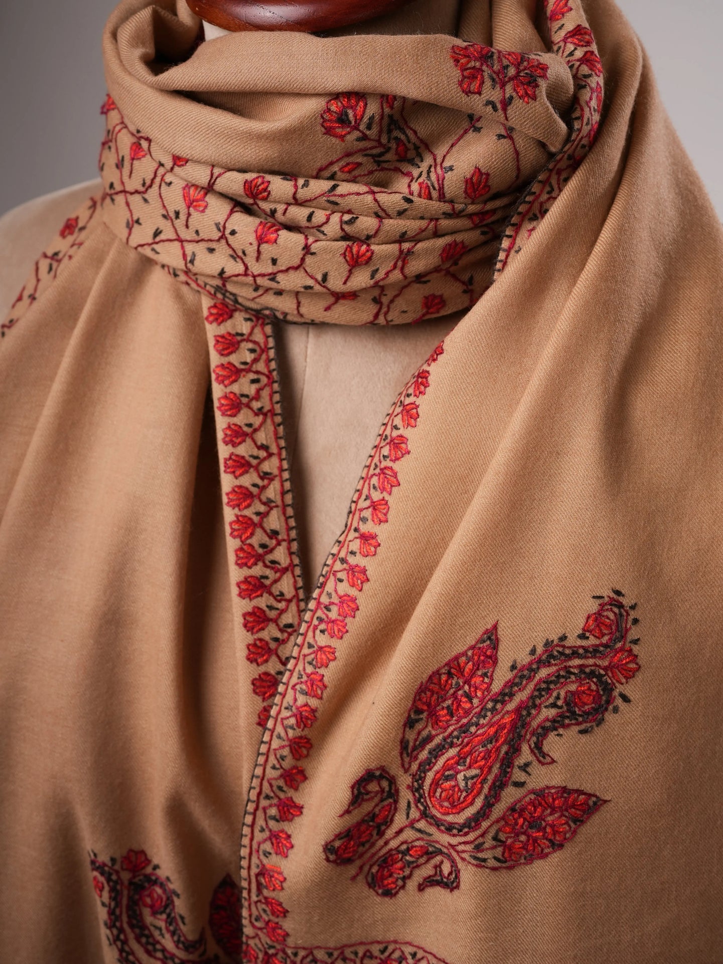 Classic Beige Fine Wool Shawl with Hand Embroidery Shahkaar