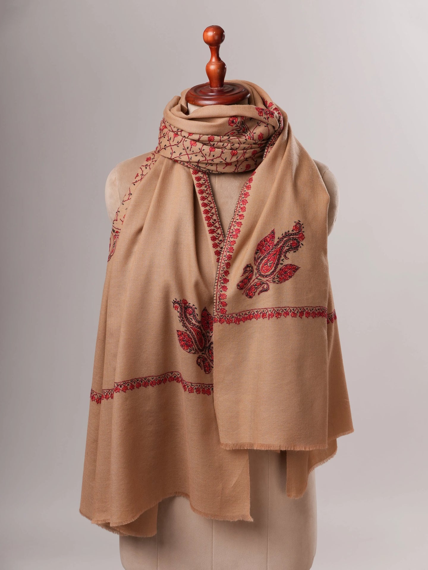 Classic Beige Fine Wool Shawl with Hand Embroidery Shahkaar